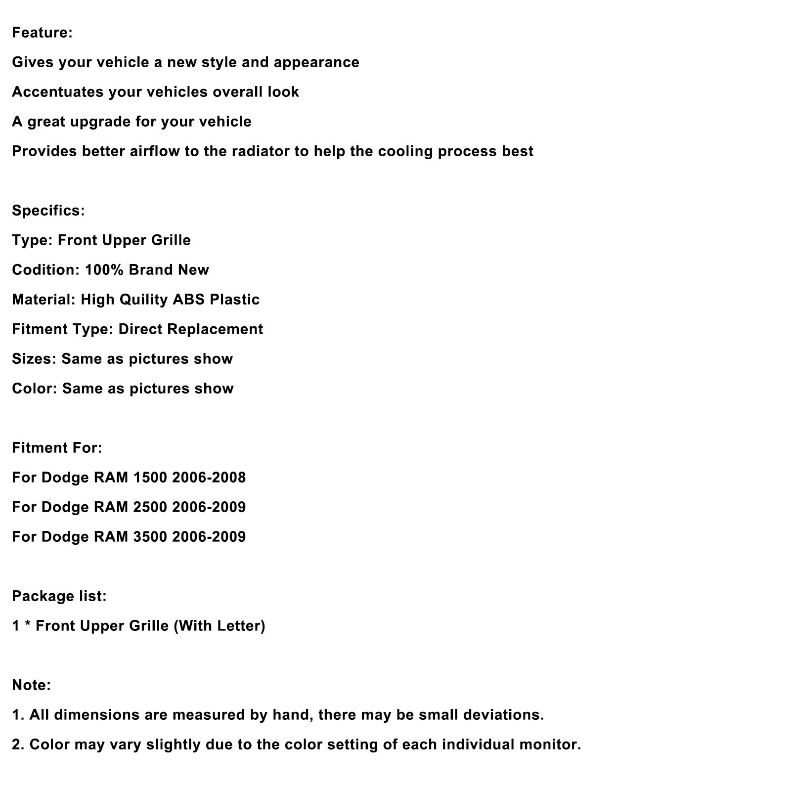 Front Bumper Grill Grille Fit Dodge RAM 1500 2006-08 RAM 2500 3500 2006-2009