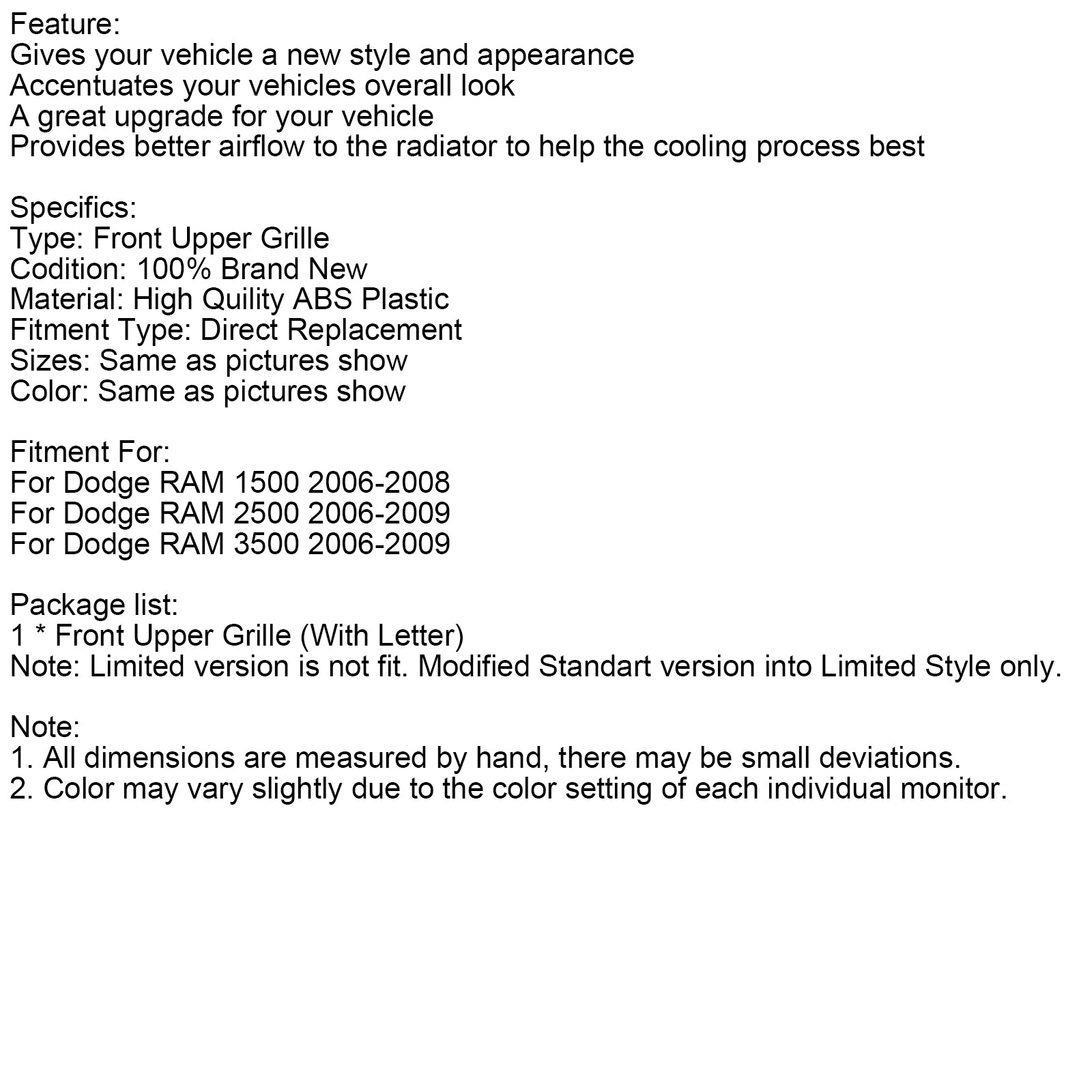 2006-2009 Dodge RAM 2500 LTD Style Front Bumper Grill Grille