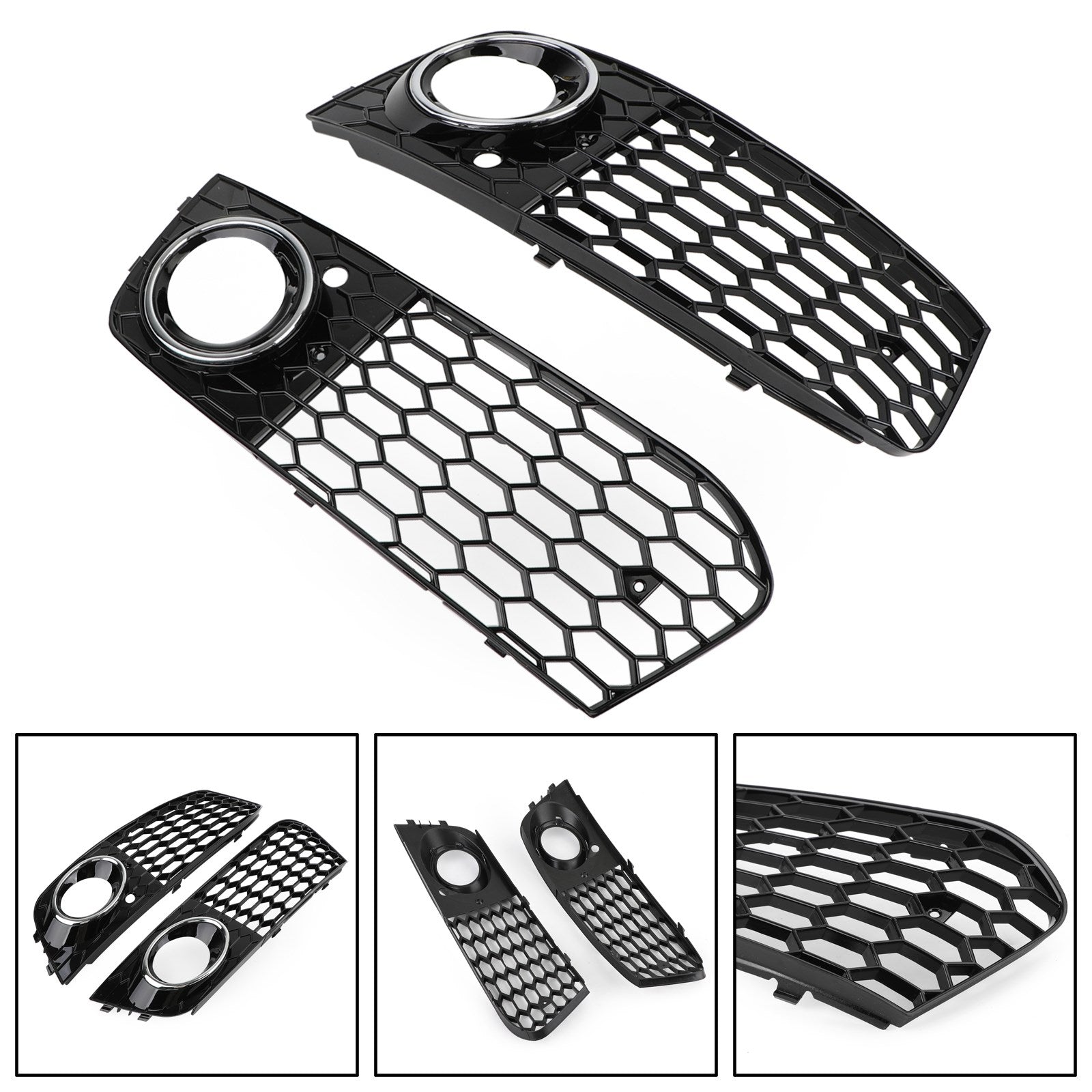 Grade hexagonal esportiva estilo colmeia Audi A4 B8 RS4 2009-2012 & Grade de ventilação aberta para farol de neblina em malha tipo favo de mel preto brilhante