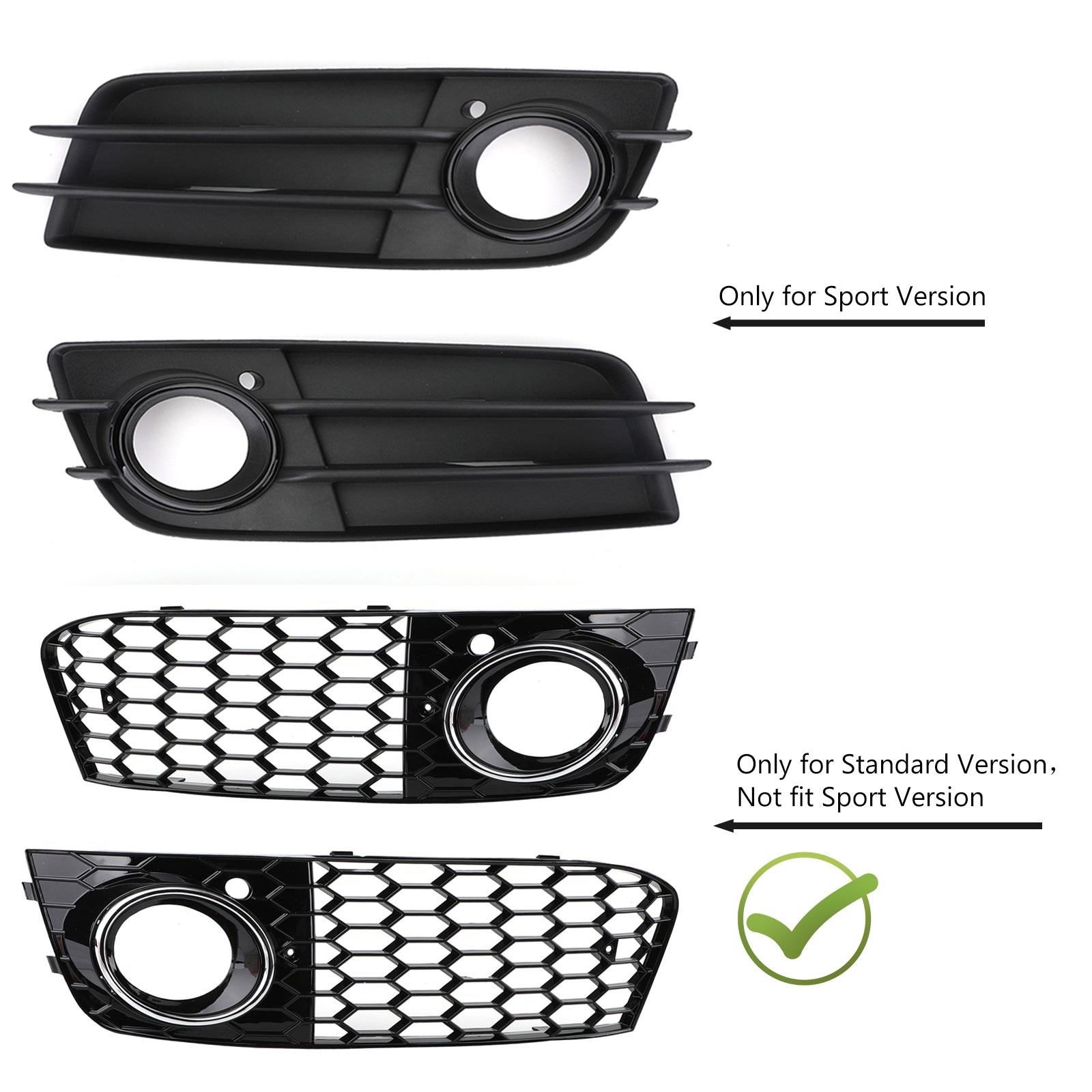 2009-2012 Audi A4 B8 RS4-stil Honeycomb Sport Mesh Sexkantsgaller & Glansigt svart bikakemönster i dimljus med öppen ventilationsgrill
