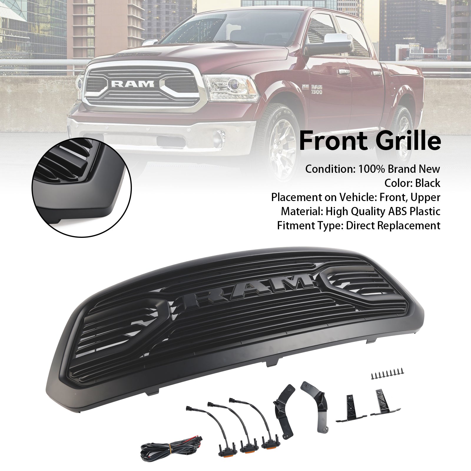 2013-2018 Dodge Ram 1500 Black Big Horn Style Style Grile Grill Grill