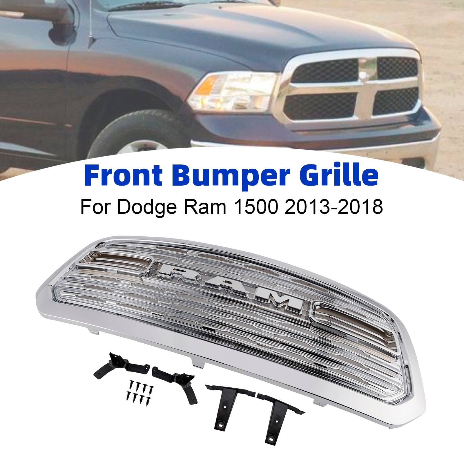 2013-2018 Dodge Ram 1500 LTD Style Front Bumper Grill Grille Chrome