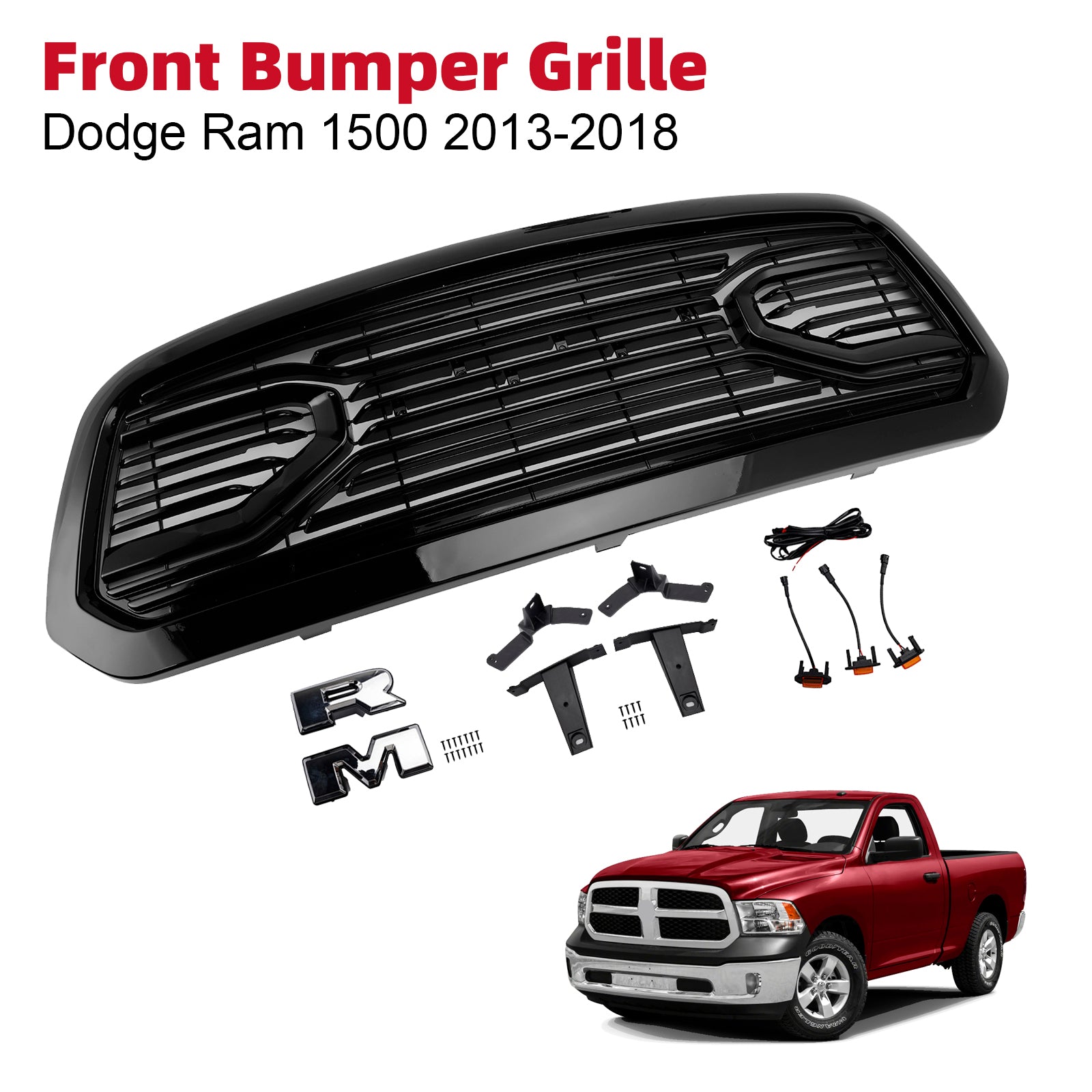 2013-2018 Dodge Ram 1500 Big Horn Style Front Bumper Grill Grille Black