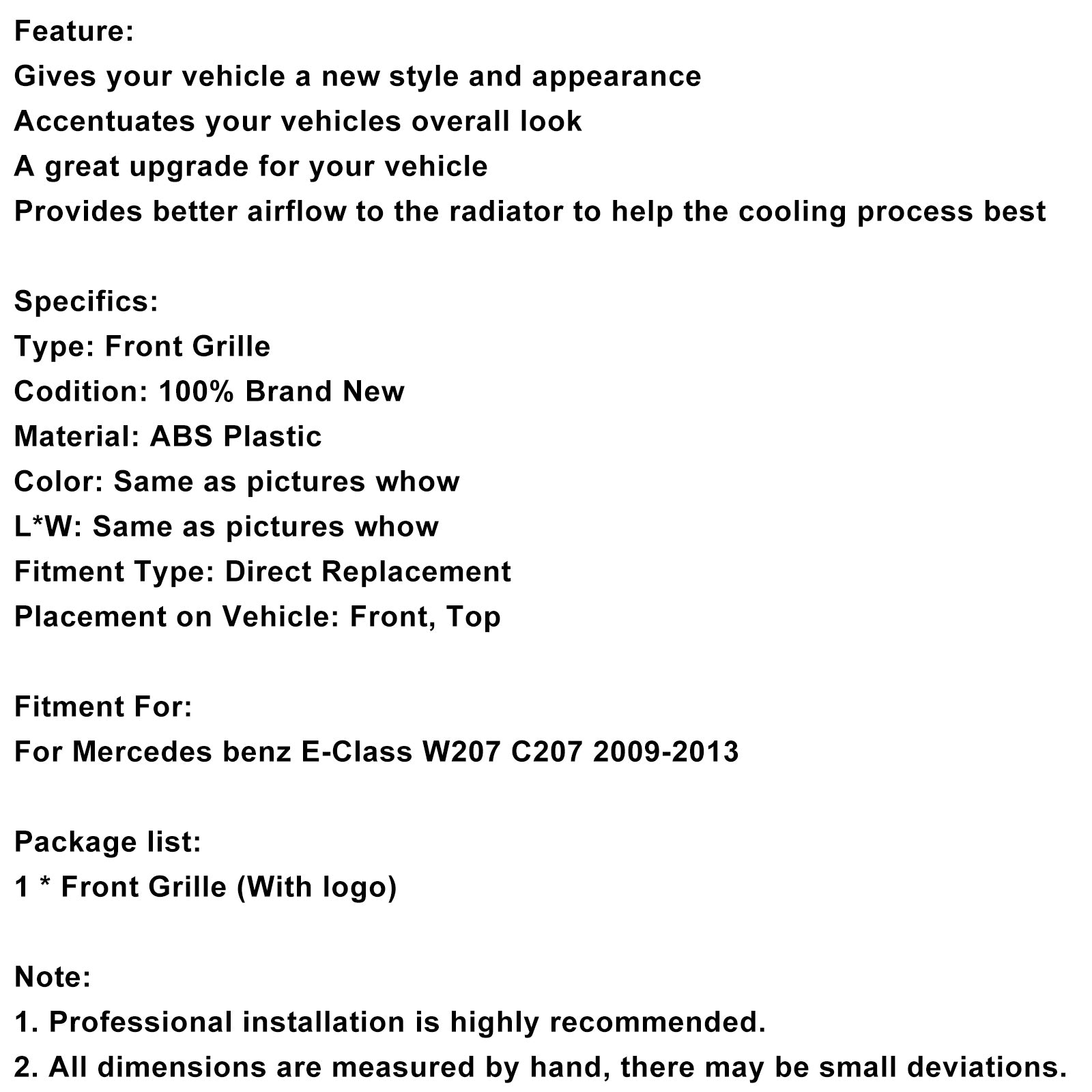 Mercedes E-Klasse 2009-2013 W207 C207 Voorbumper Grille Coupé