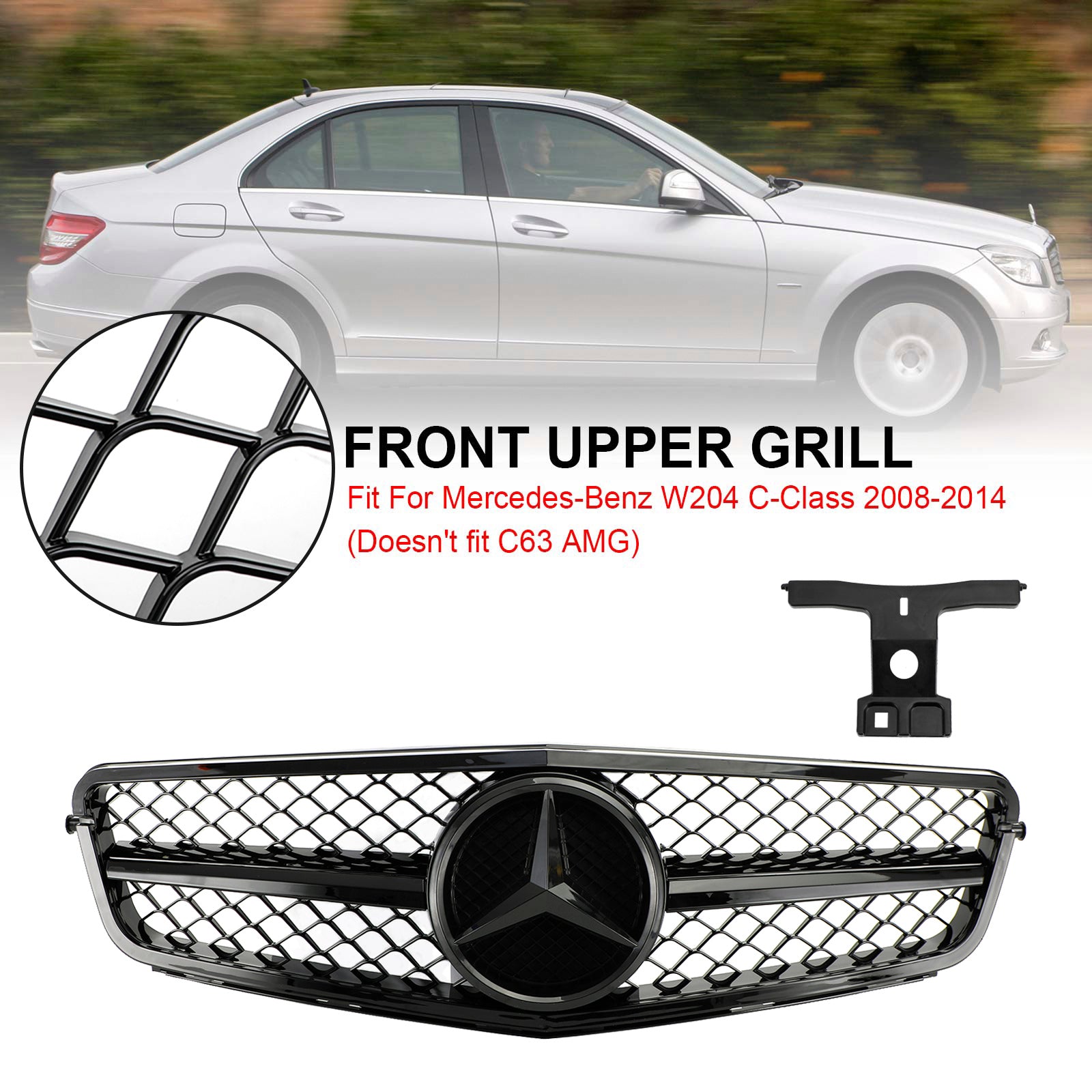 C-Class Benz W204 C300 C350 2008-2014 C63 Style Gloss Black Grill Grille