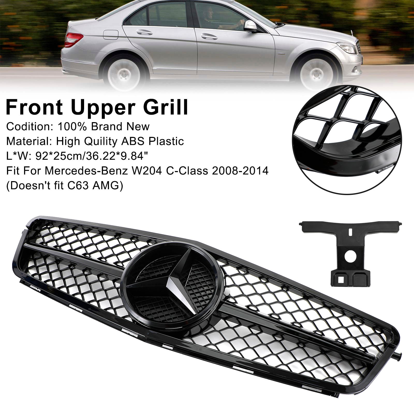 C-Class Benz W204 C300 C350 2008-2014 C63 Style Gloss Black Grill Grille