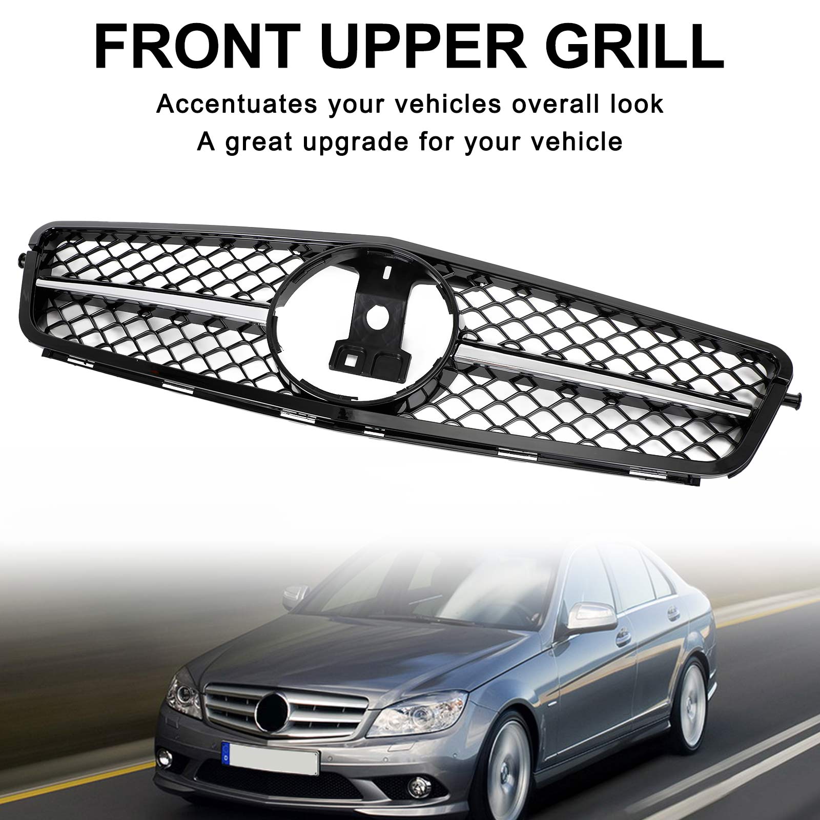 2008-2014 W204 C-Class BENZ ABS Gloss Black Chrome Front Bumper Grille Generic