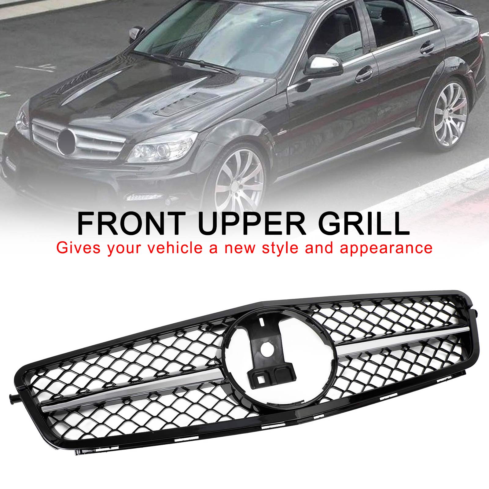 2008-2014 W204 C-Class BENZ ABS Gloss Black Chrome Front Bumper Grille Generic