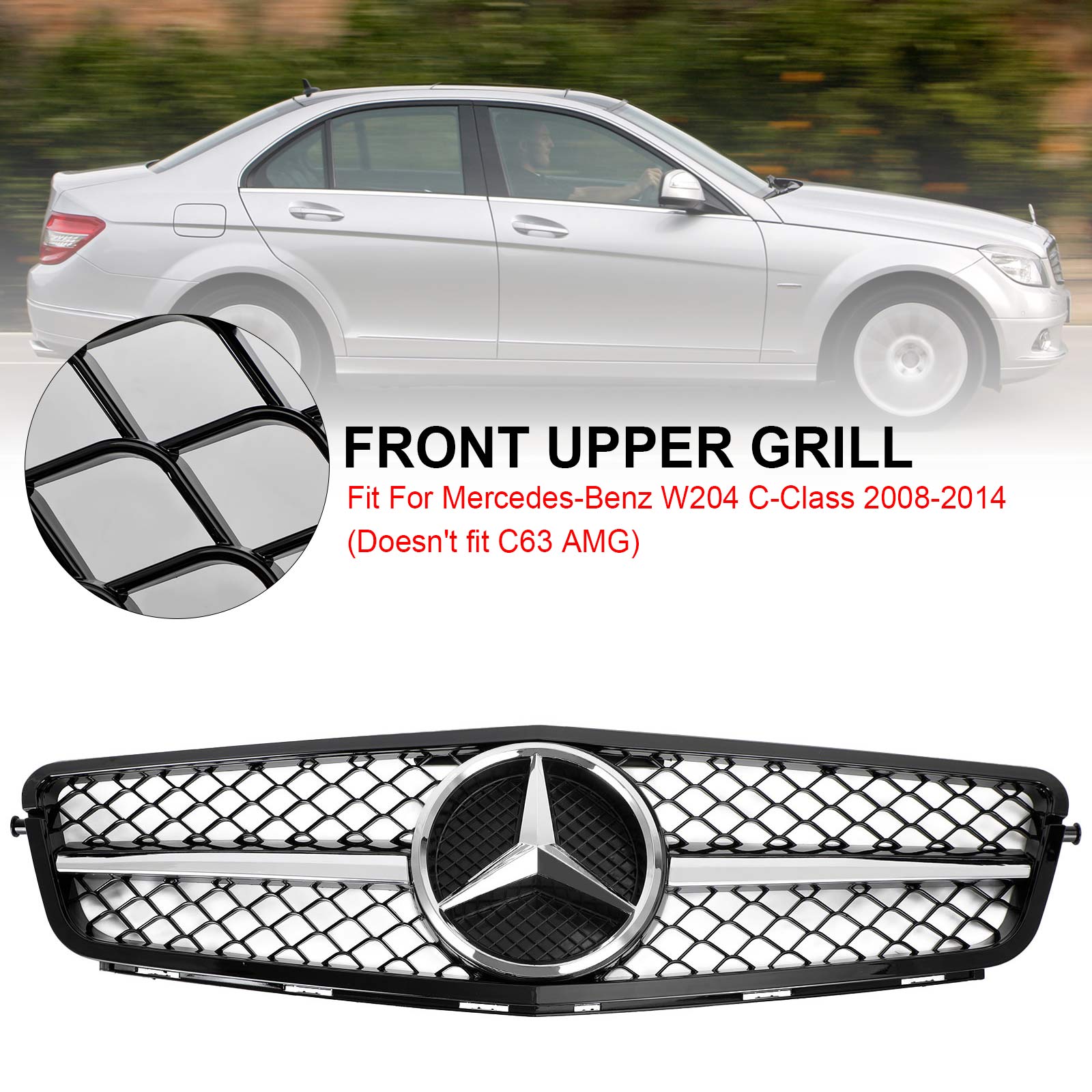 2008-2014 W204 C-Klasse BENZ ABS Glanzend Zwart Chroom Voorbumper Grille Generiek