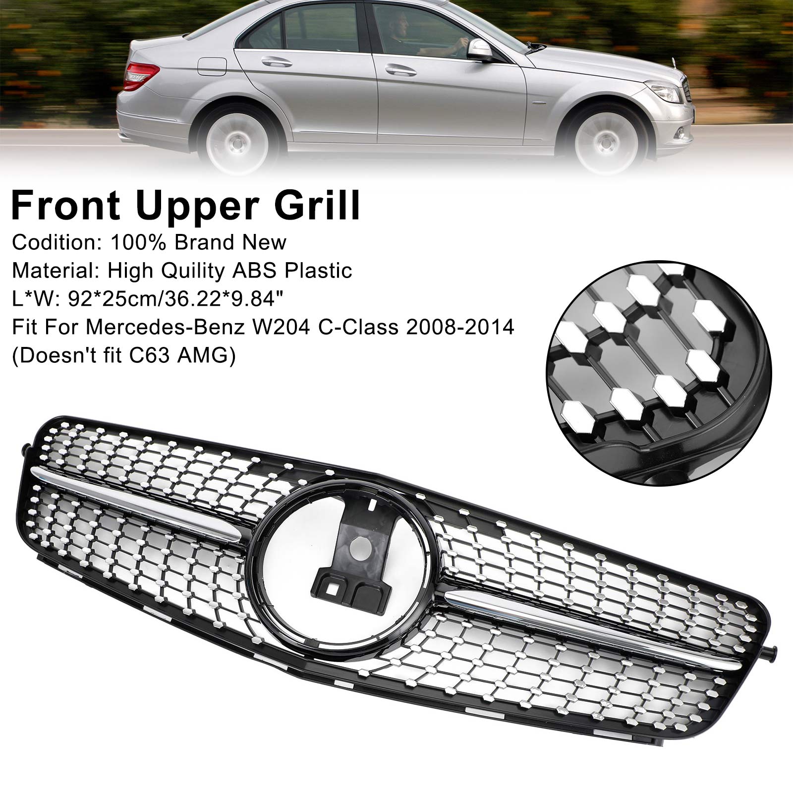 2008-2014 Benz C-Class W204 C180/C200/C230/C250/C280/C300/C350 Diamond Black Chrome Front Grille Grill Generic
