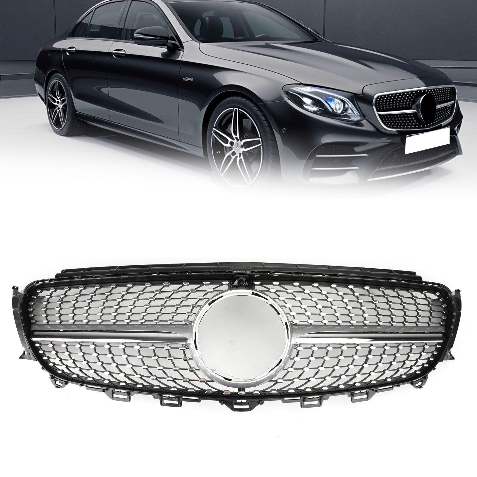 2017-2019 Benz E200 E250 E300 Sedan Sport Alleen Diamond Silver Border Grille Grill