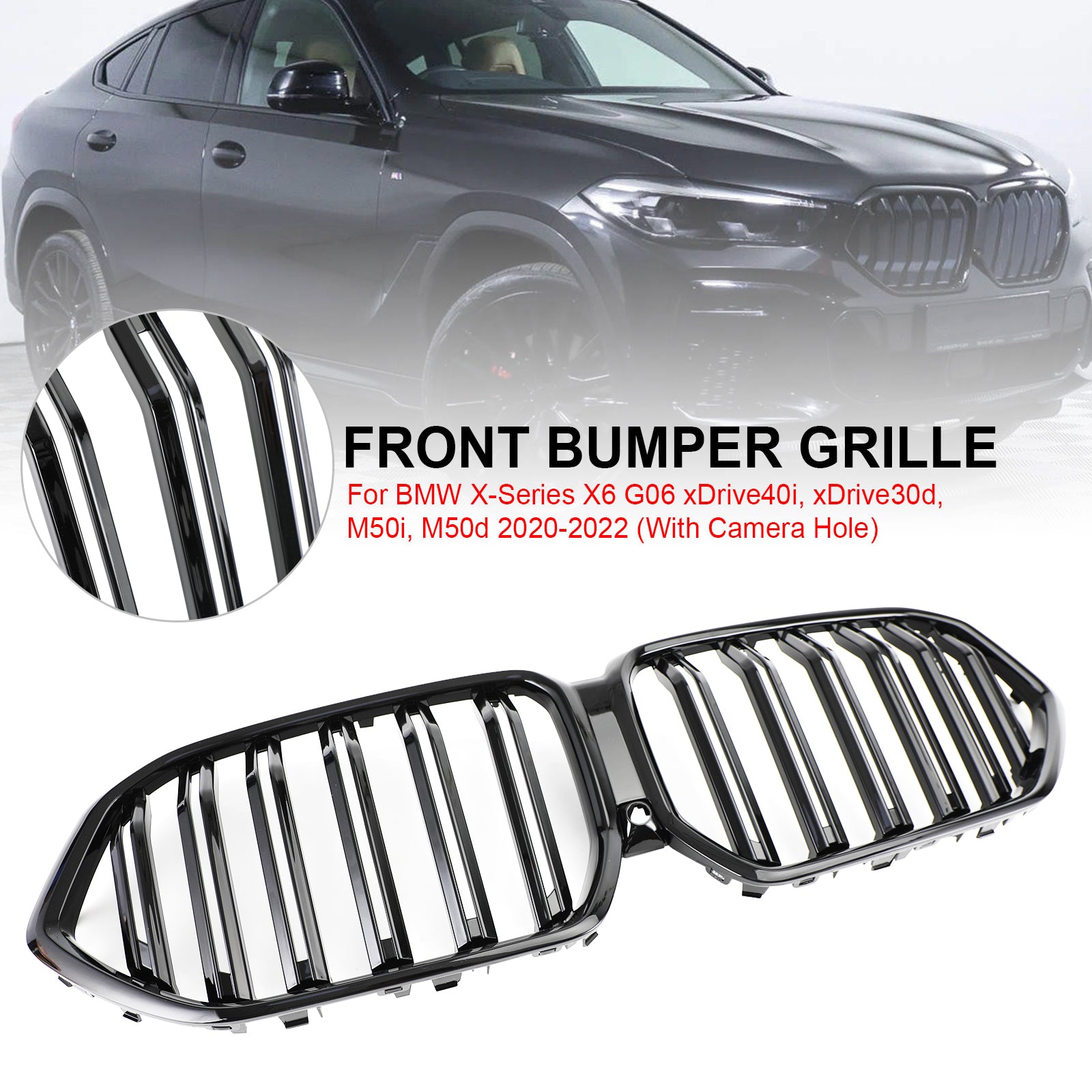 2020-2022 BMW X6 G06 M50I com Funda da câmera Grade do para-choque dianteiro Grill Black