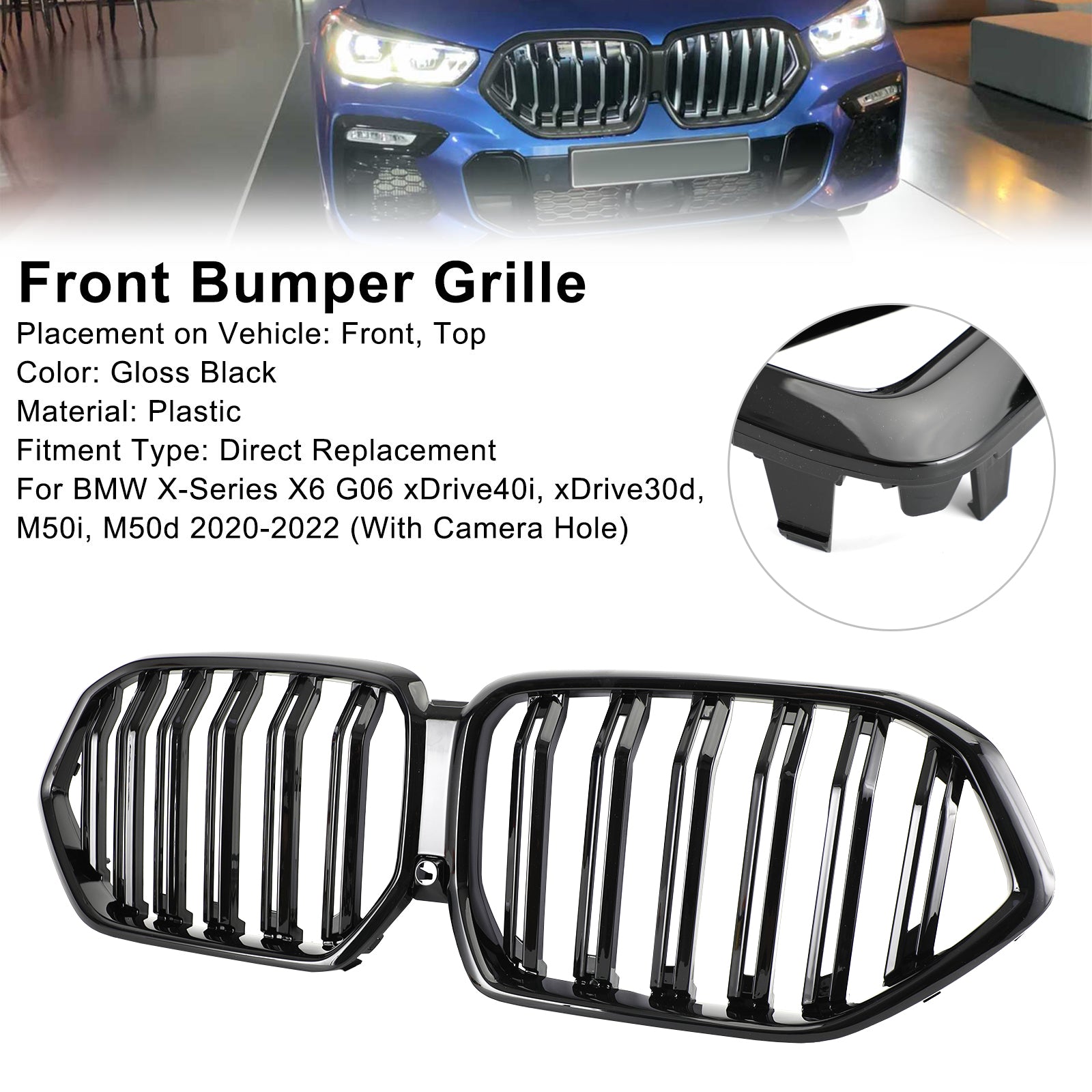 2020-2022 BMW X6 G06 M50I com Funda da câmera Grade do para-choque dianteiro Grill Black