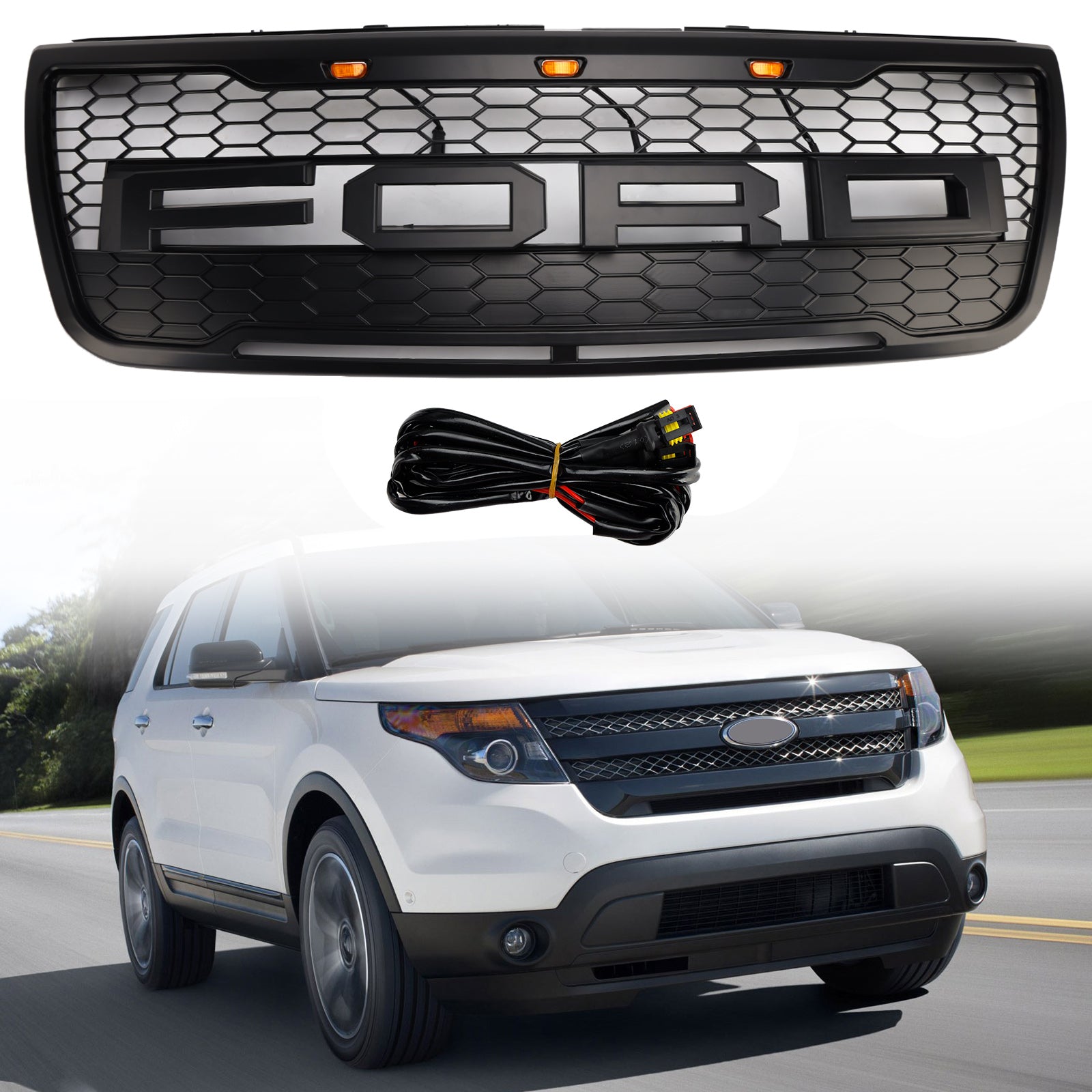 Rejilla de parachoques superior delantero compatible con Ford Explorer 2012-2015 con luces grises