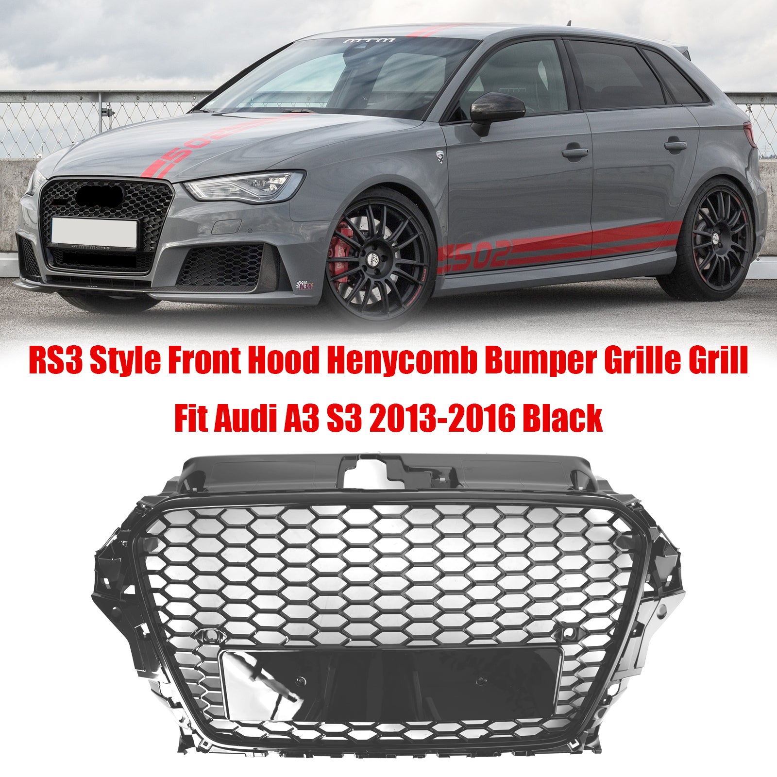 2013 2014 2015 2016 Audi A3 S3 RS3 Stijl Honingraat Voorbumper Grille Glanzend Zwart