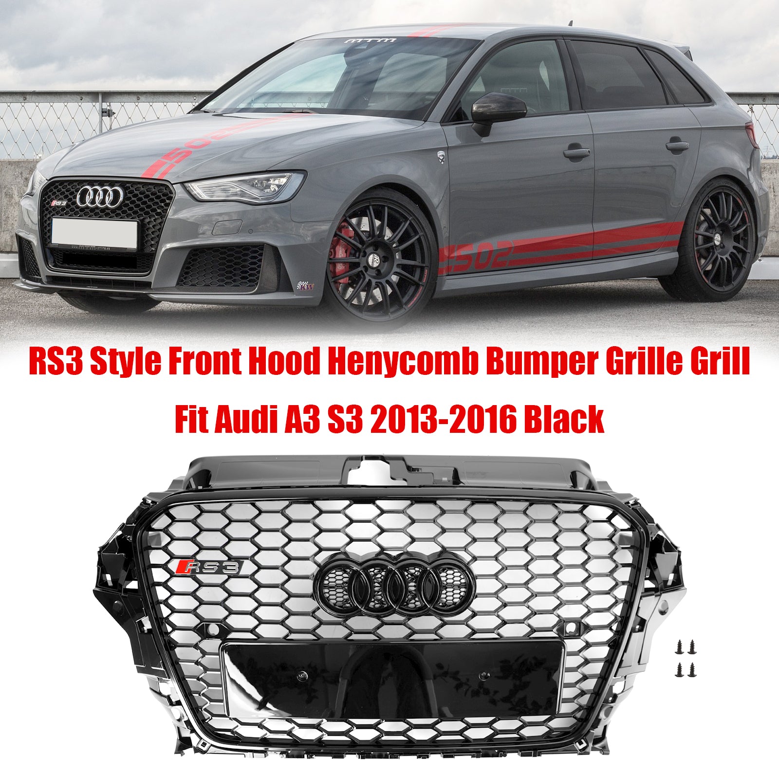 2013-2016 Audi A3 S3 RS3 Style Front Hood Henycomb Bumper Grille Grill