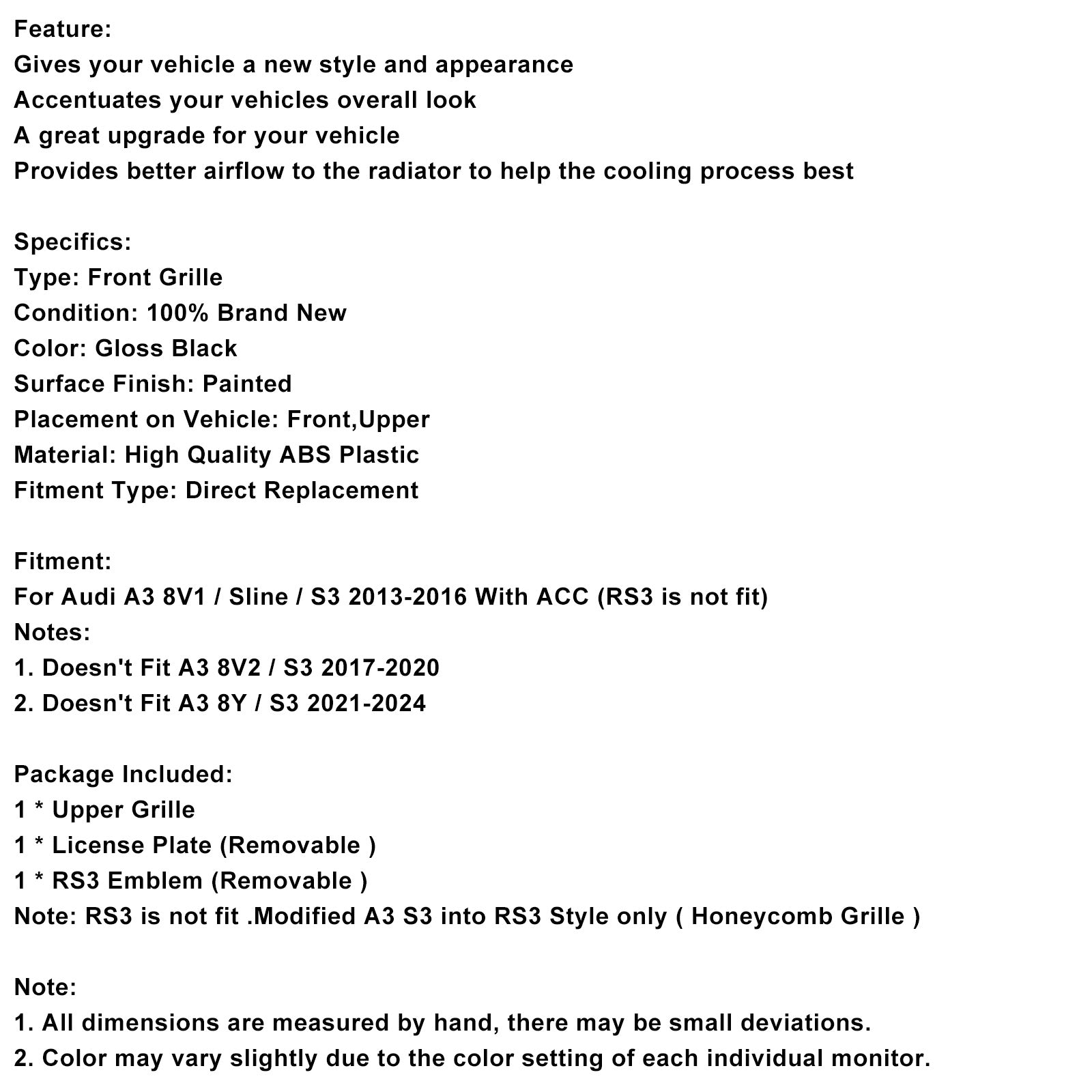 AUDI A3 S3 2013-2016 avec grille de pare-chocs avant ACC RS3