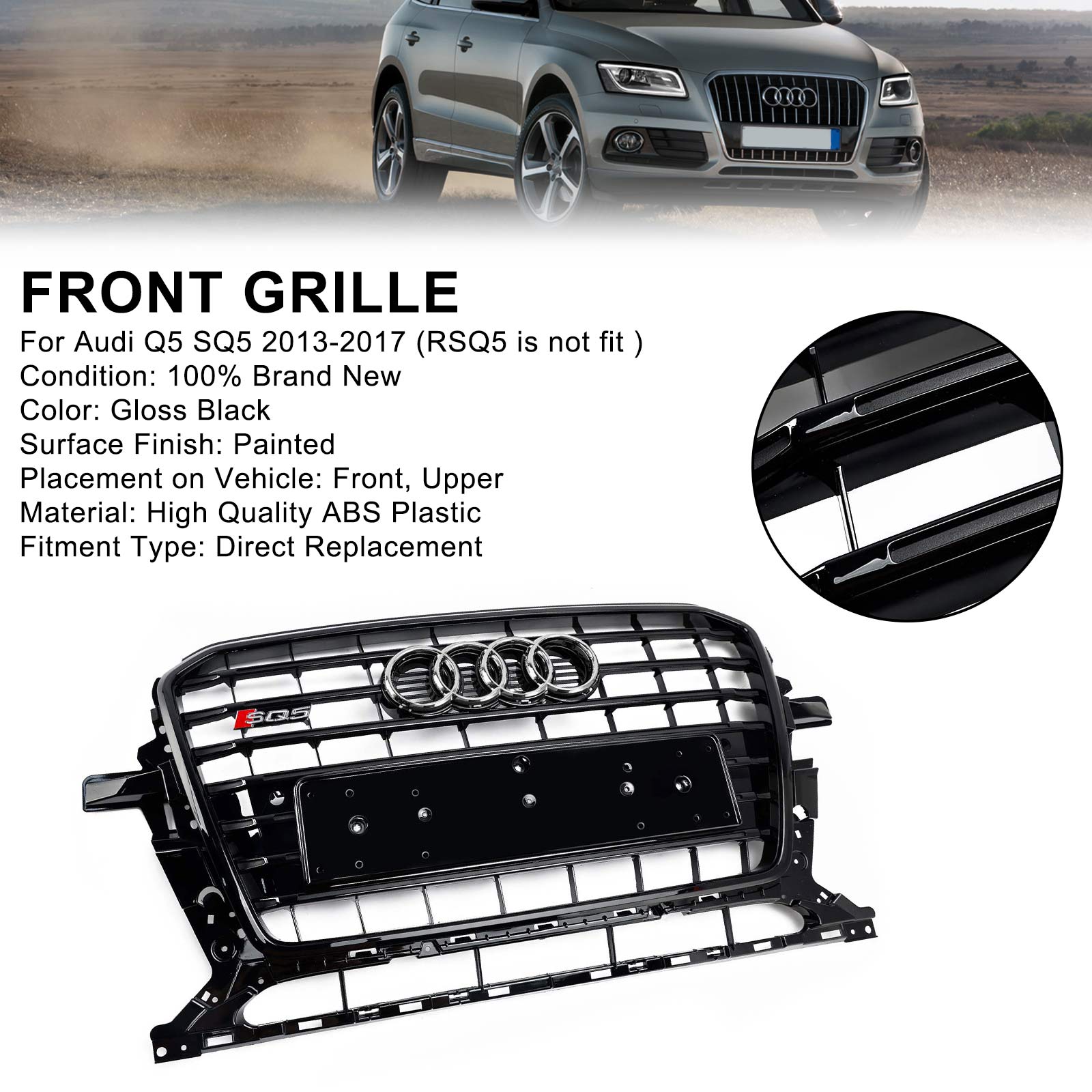 2013-2017 Audi Q5 SQ5 8R Svart RSQ5 Style Honeycomb Mesh Sport Hex Grill