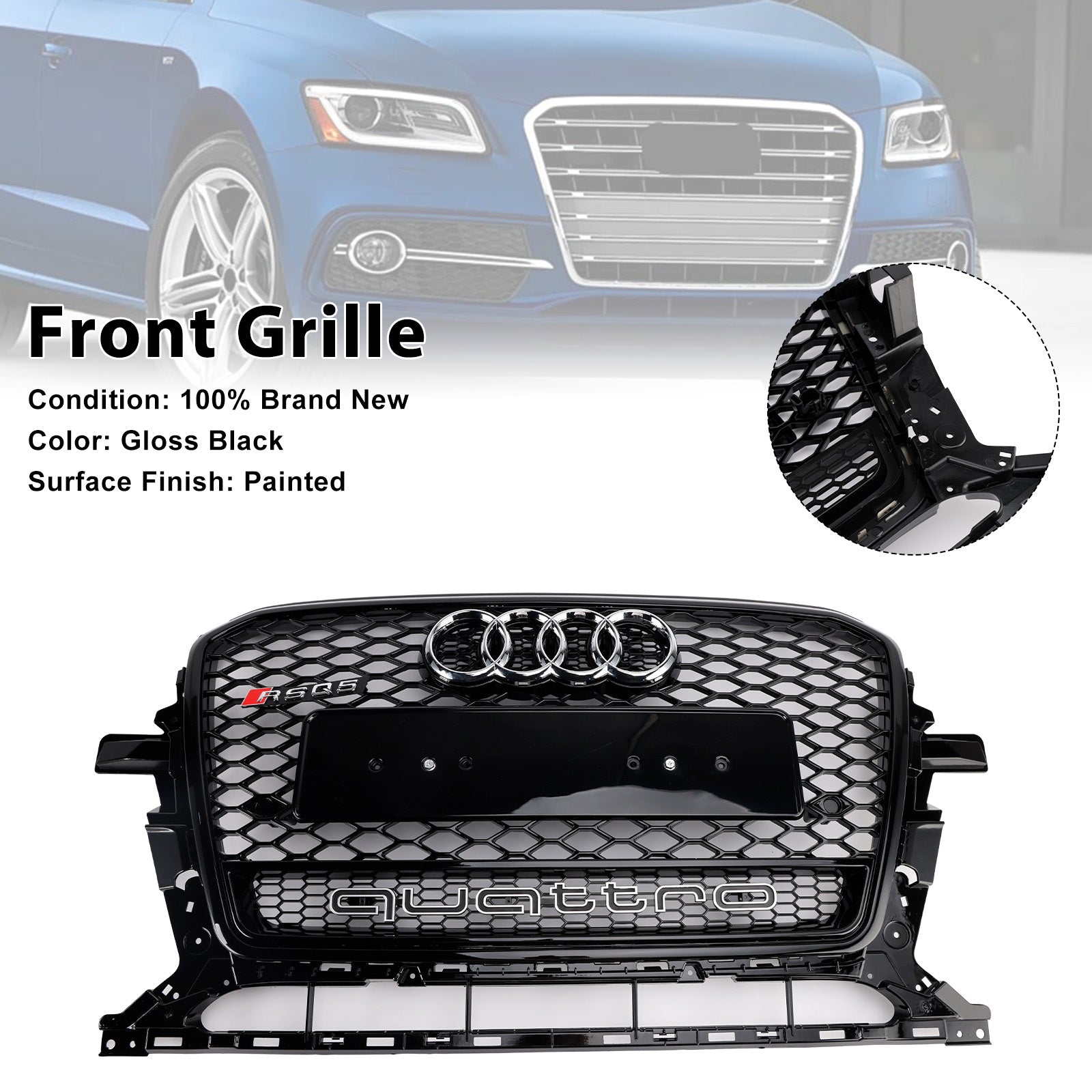 2013-2017 Audi Q5 Gloss Black Front Honeycomb Bumper Grille Grill