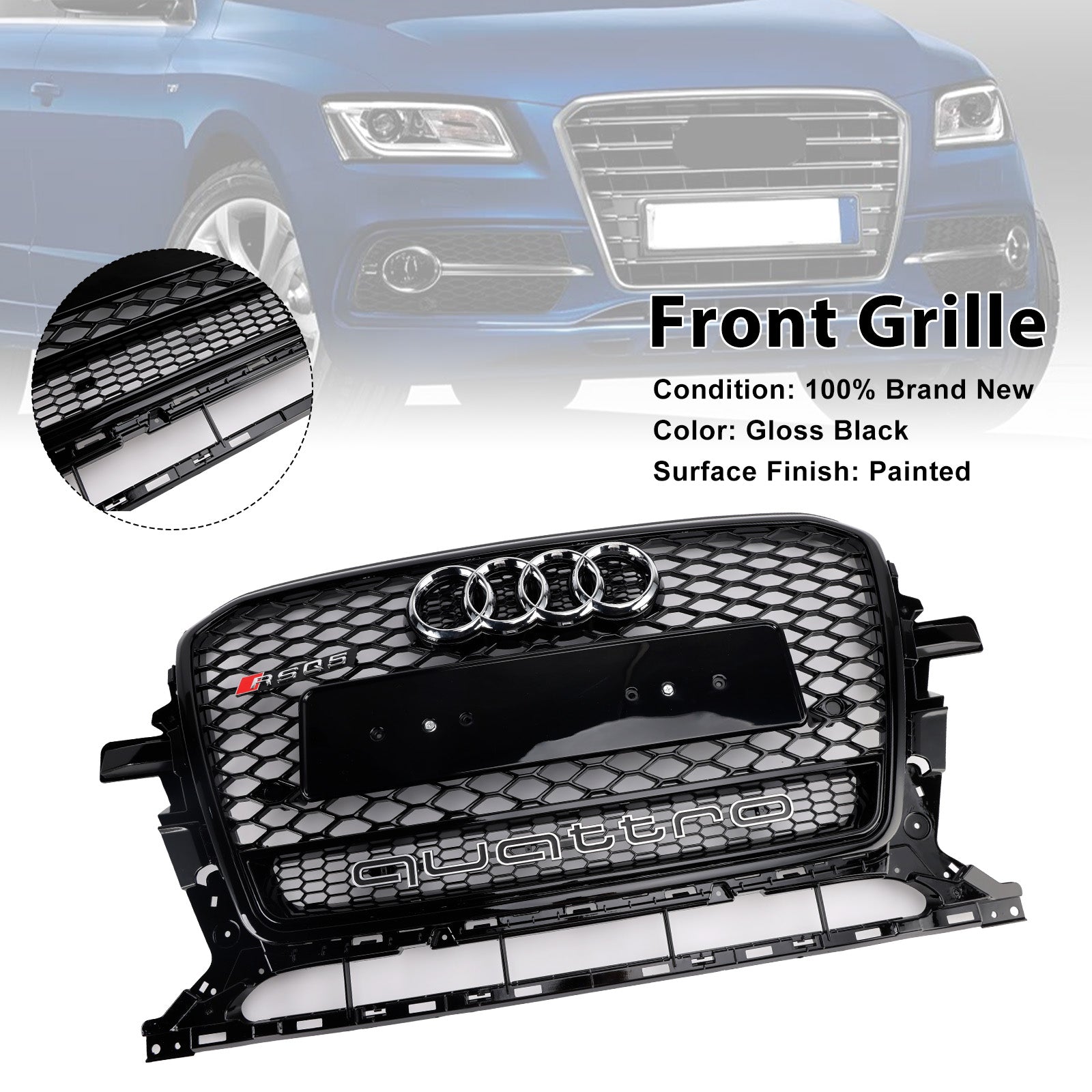 2013-2017 Audi Q5 Gloss Black Front Honeycomb Bumper Grille Grill