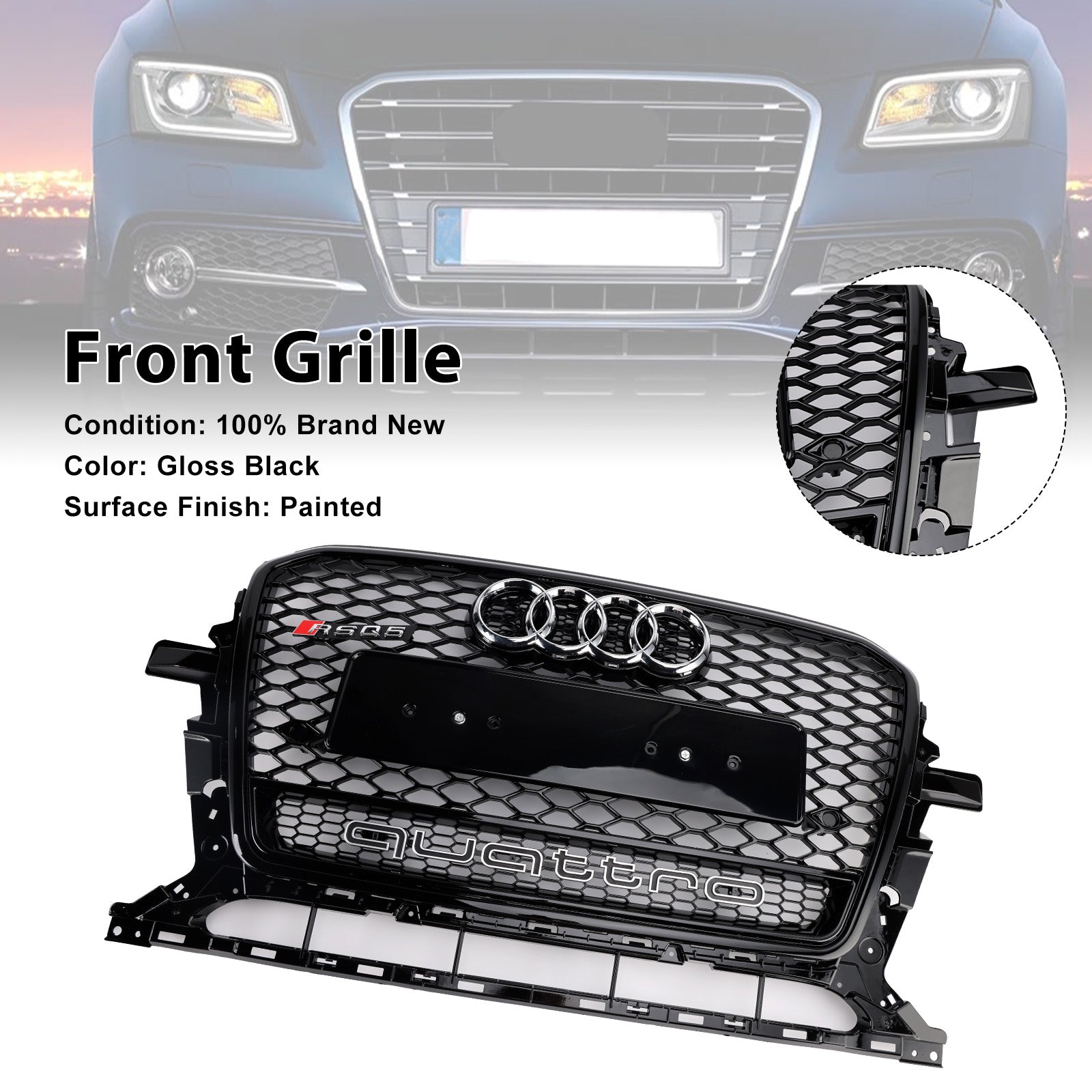 2013-2017 Audi Q5 Gloss Black Front Honeycomb Bumper Grille Grill