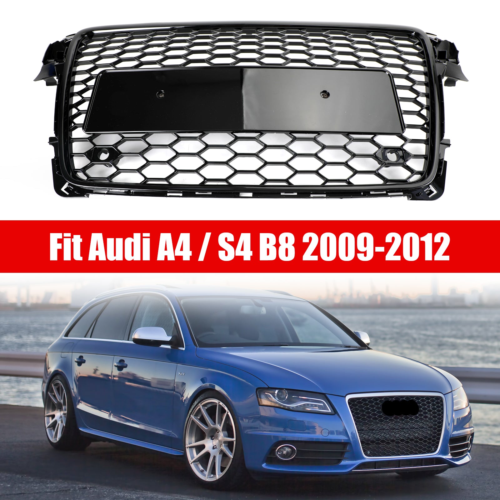 Grade hexagonal esportiva estilo colmeia Audi A4 B8 RS4 2009-2012 & Grade de ventilação aberta para farol de neblina em malha tipo favo de mel preto brilhante