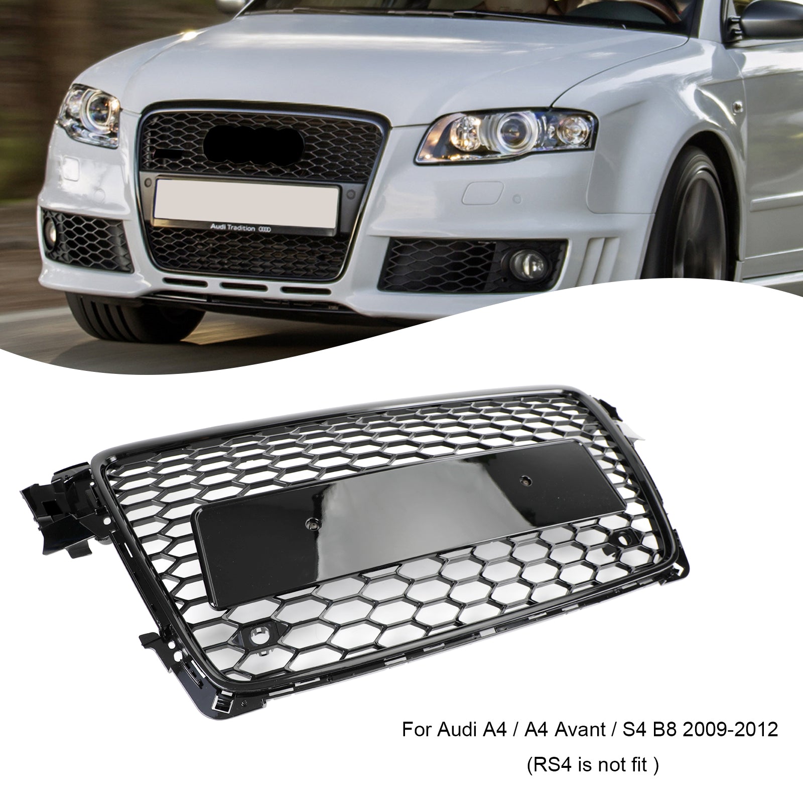 Grade hexagonal esportiva estilo colmeia Audi A4 B8 RS4 2009-2012 & Grade de ventilação aberta para farol de neblina em malha tipo favo de mel preto brilhante