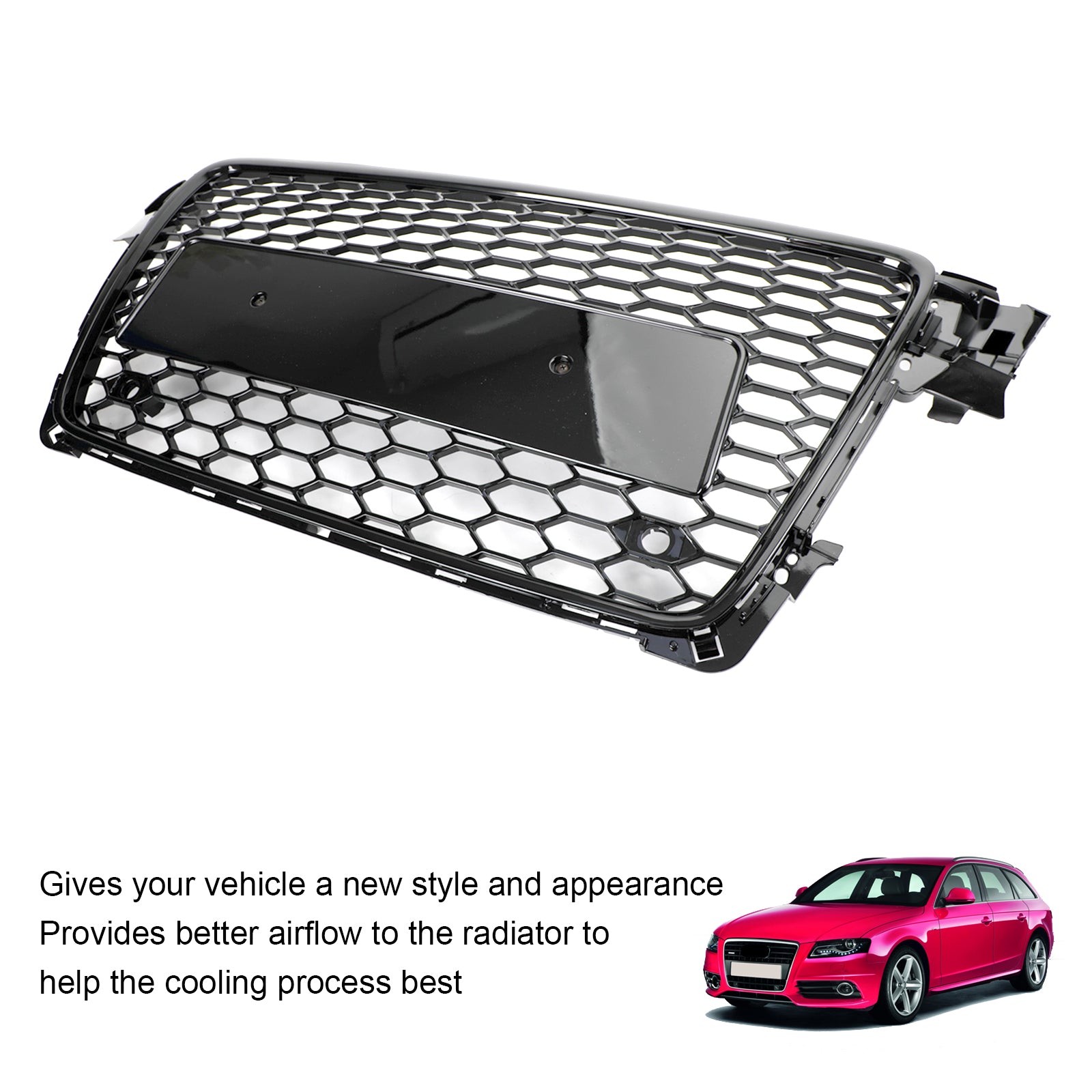 Grade hexagonal esportiva estilo colmeia Audi A4 B8 RS4 2009-2012 & Grade de ventilação aberta para farol de neblina em malha tipo favo de mel preto brilhante