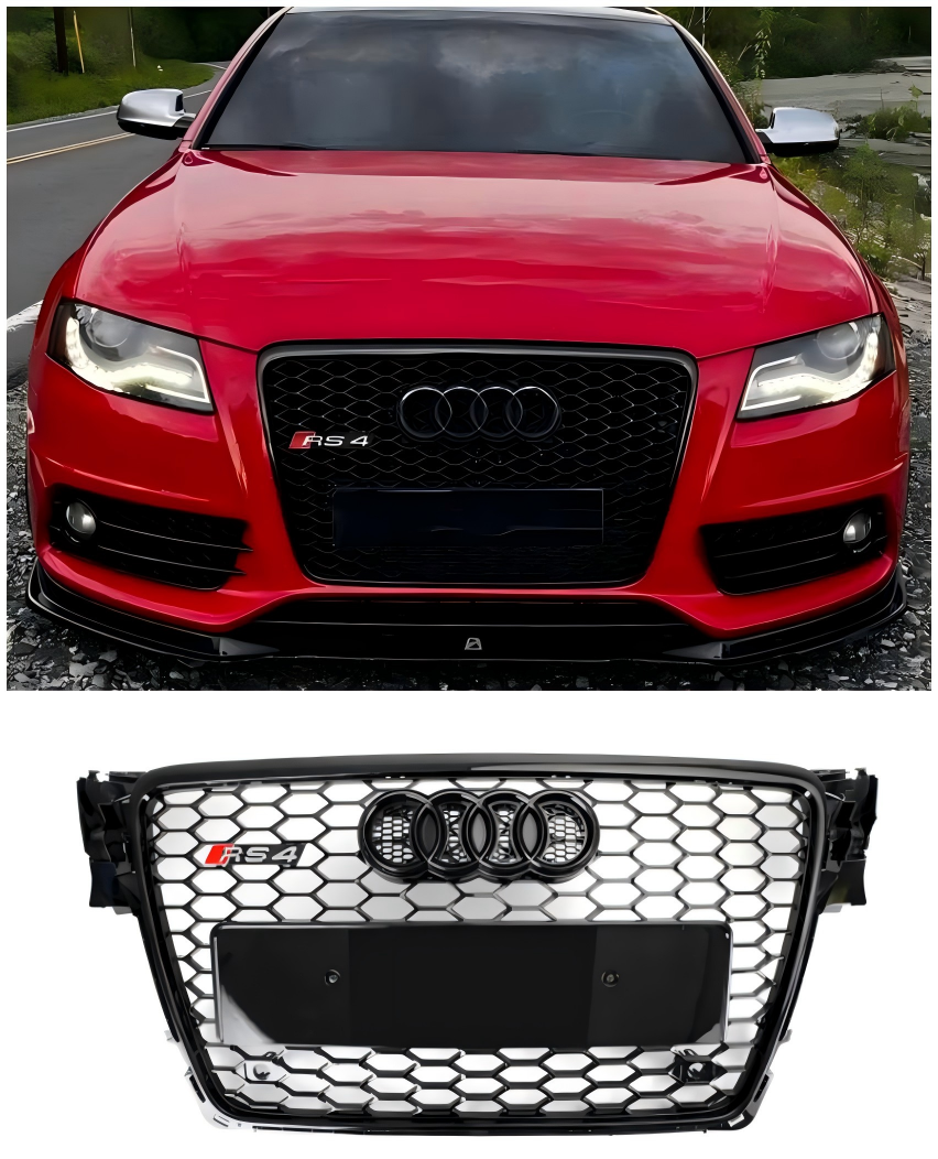 RS4 Style Honeycomb Grill For Audi A4 B8 2008-2012 - Gloss Black Lower Fog Light Grilles