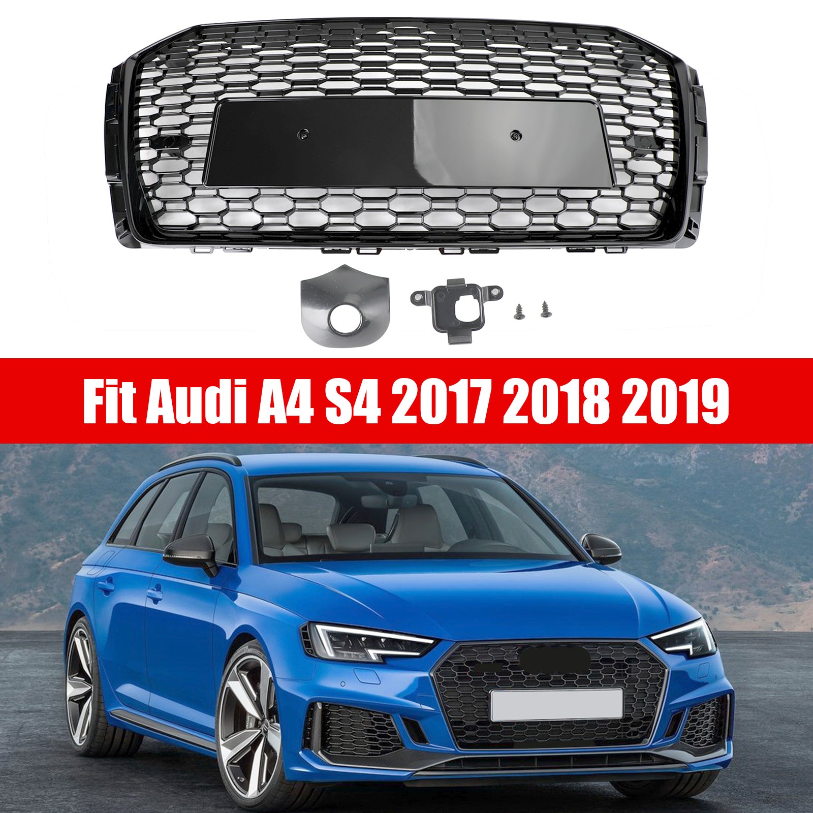 2017-2019 Audi A4/S4 B9 RS4 Style Honeycomb Mesh Hex Grille Grill Black