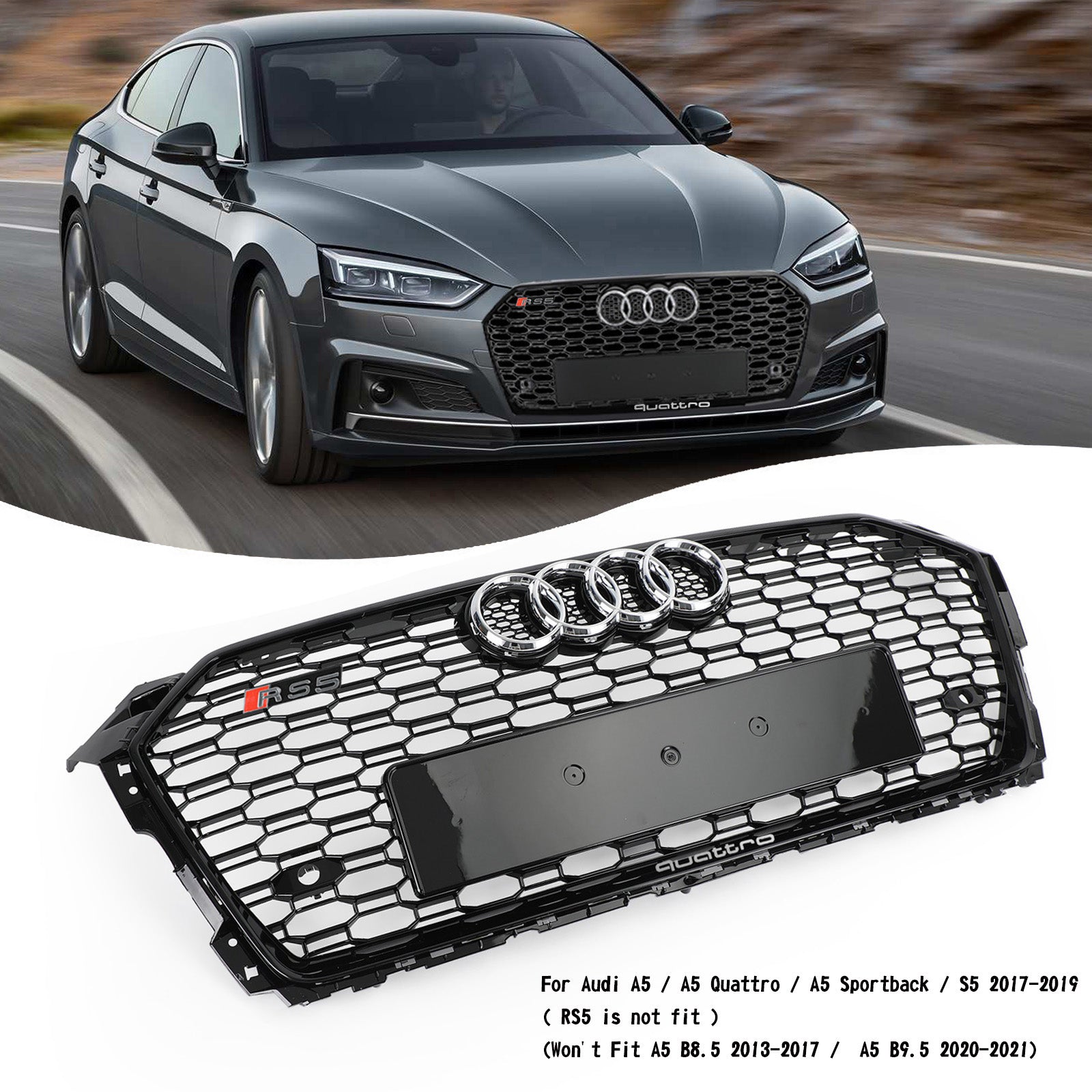 2017–2019 Audi A5/A5 Quattro/A5 Sportback/S5 Grillstil Honeycomb Sport Mesh Sekskantgrill 8W6-853-651-AB-FUQ