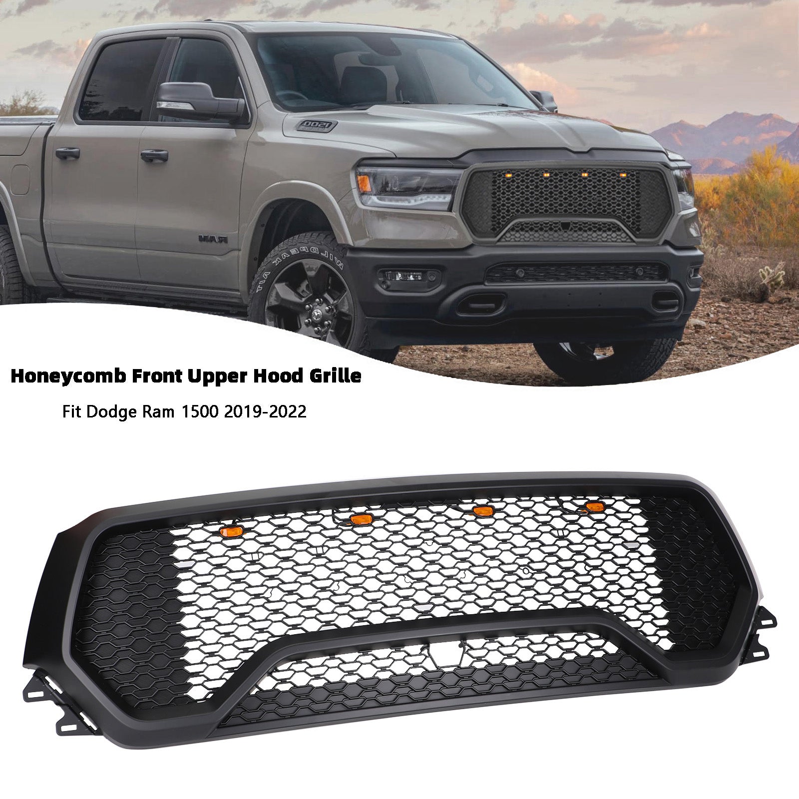 2019-2022 Dodge Ram 1500 TRX Style LED Honeycomb Front Upper Hood Grille