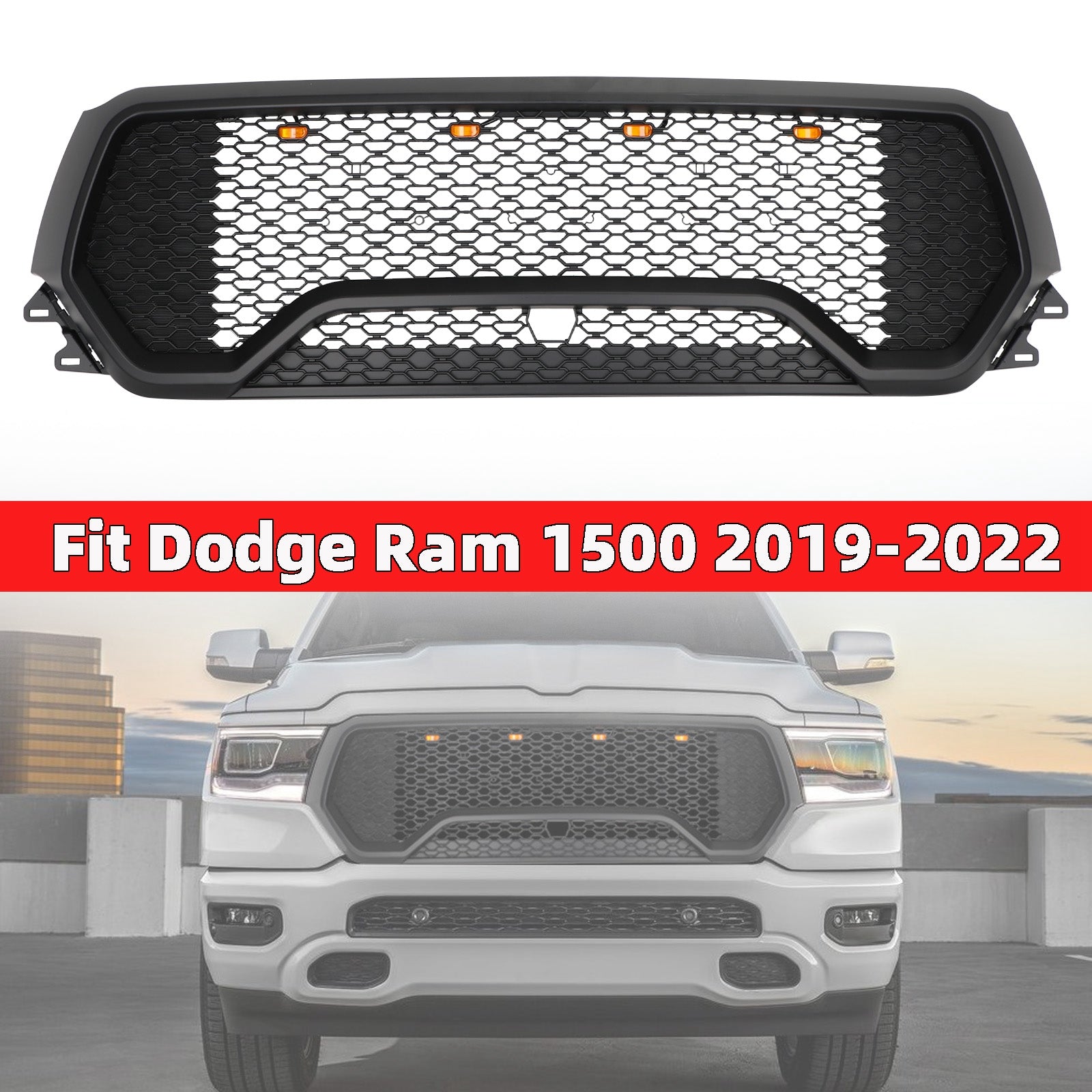 2019 2020 2021 2022 Dodge Ram 1500 TRX Style LED Honeycomb Front Upper Hood Grille