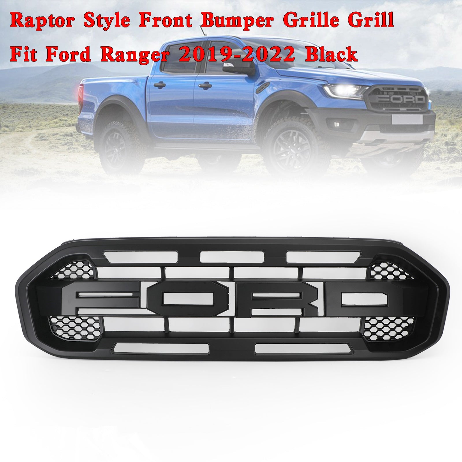 Parrilla superior 2019-2023 (con letras) Parrilla de parachoques delantero estilo Raptor compatible con Ford Ranger negro