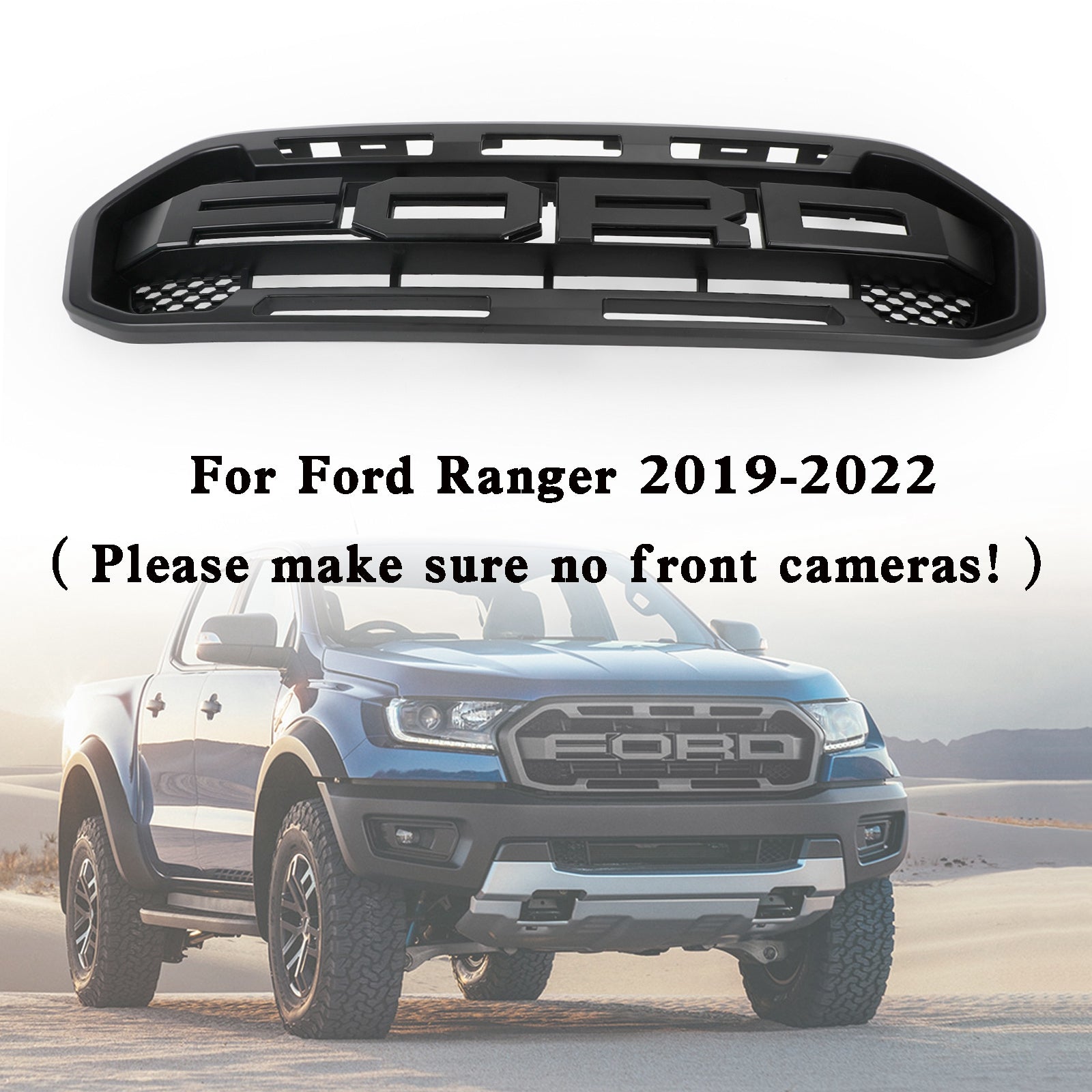 Parrilla superior 2019-2023 (con letras) Parrilla de parachoques delantero estilo Raptor compatible con Ford Ranger negro