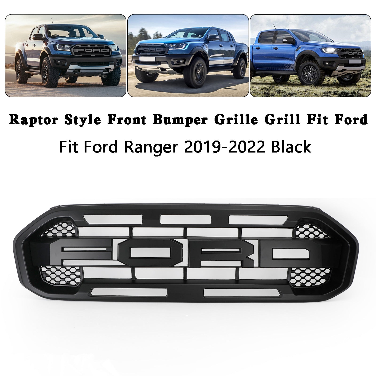 Parrilla superior 2019-2023 (con letras) Parrilla de parachoques delantero estilo Raptor compatible con Ford Ranger negro