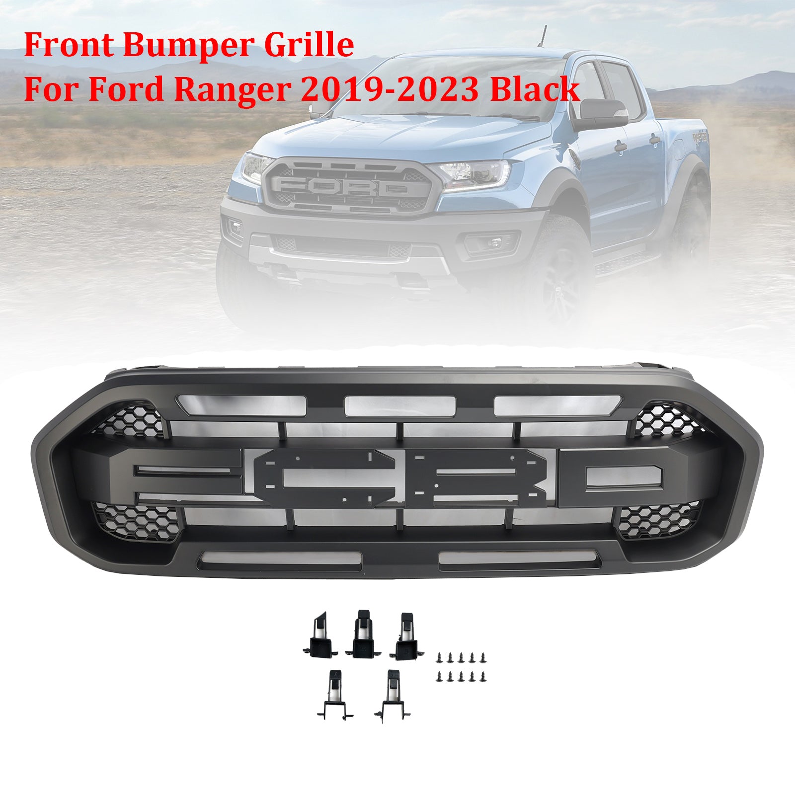 Parrilla superior 2019-2023 (con letras) Parrilla de parachoques delantero estilo Raptor compatible con Ford Ranger negro