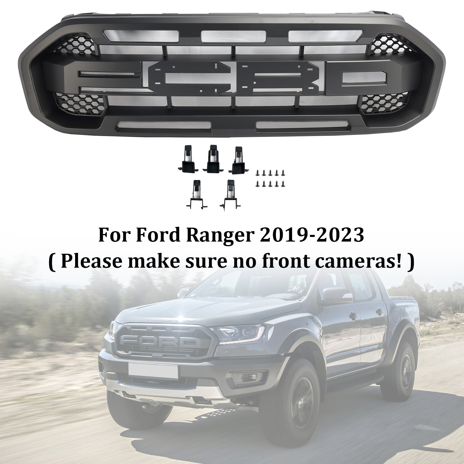 Parrilla superior 2019-2023 (con letras) Parrilla de parachoques delantero estilo Raptor compatible con Ford Ranger negro