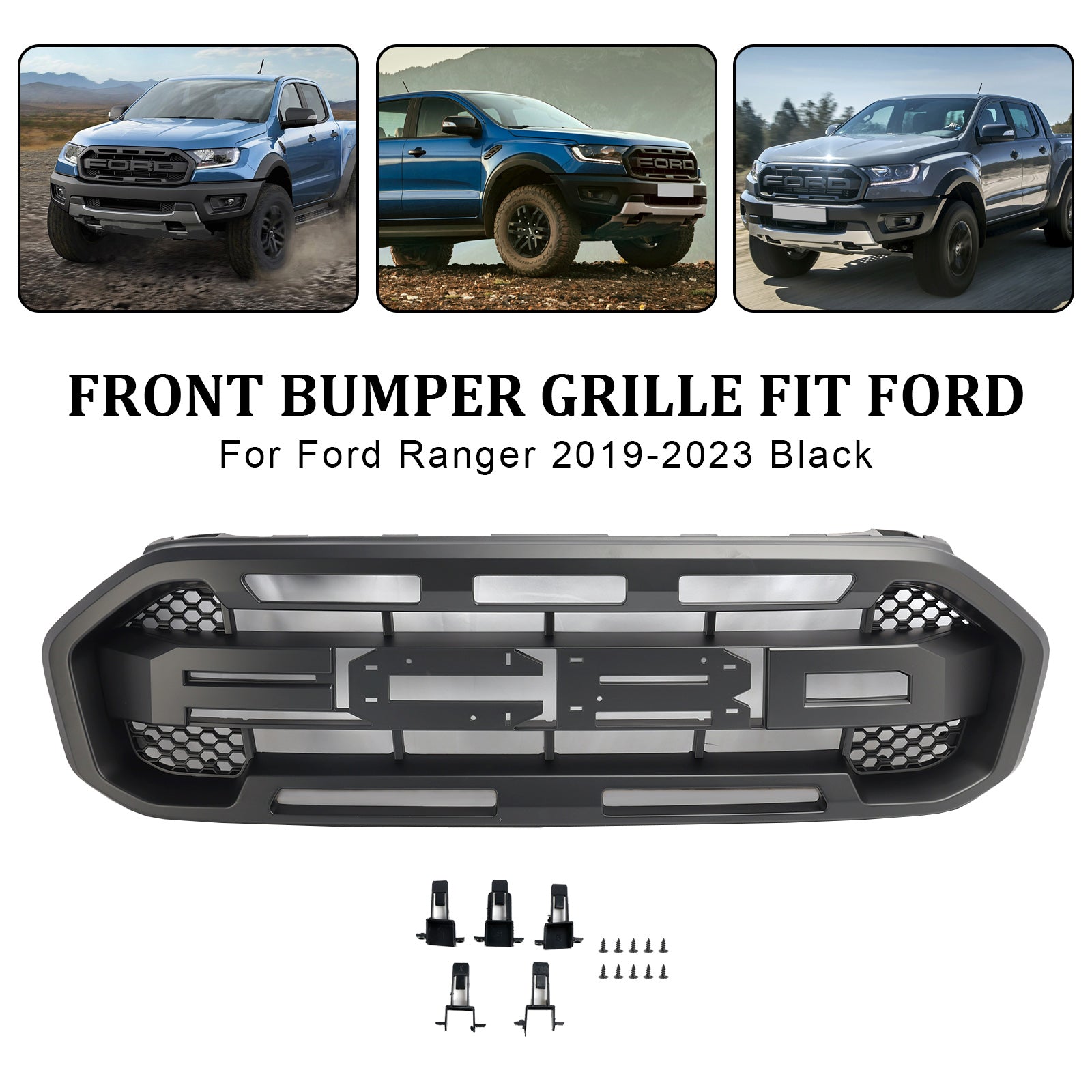 2019 2020 2021 2022 2023 Ford Ranger Raptor Style Front Bumper Grille Grill Black