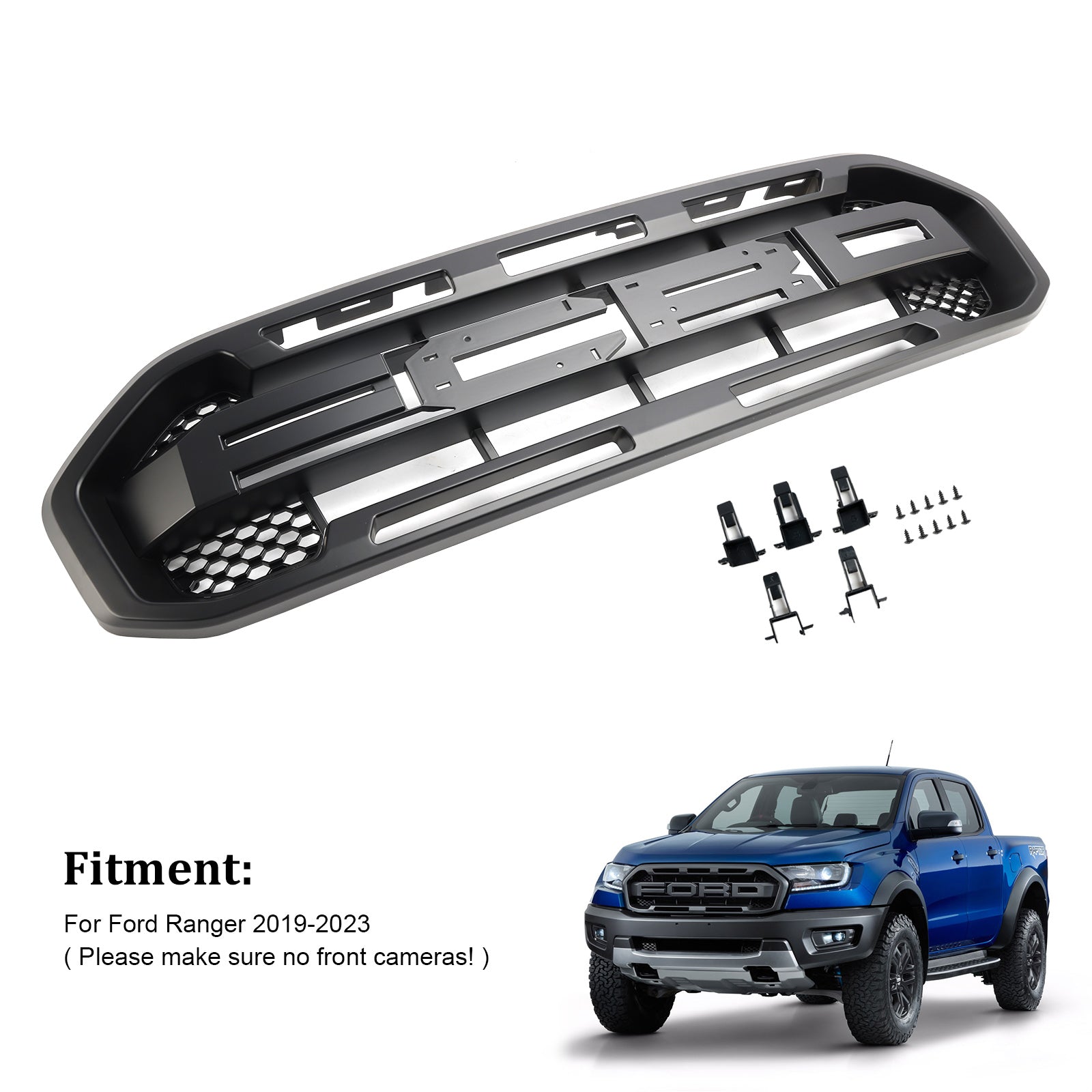 Parrilla superior 2019-2023 (con letras) Parrilla de parachoques delantero estilo Raptor compatible con Ford Ranger negro