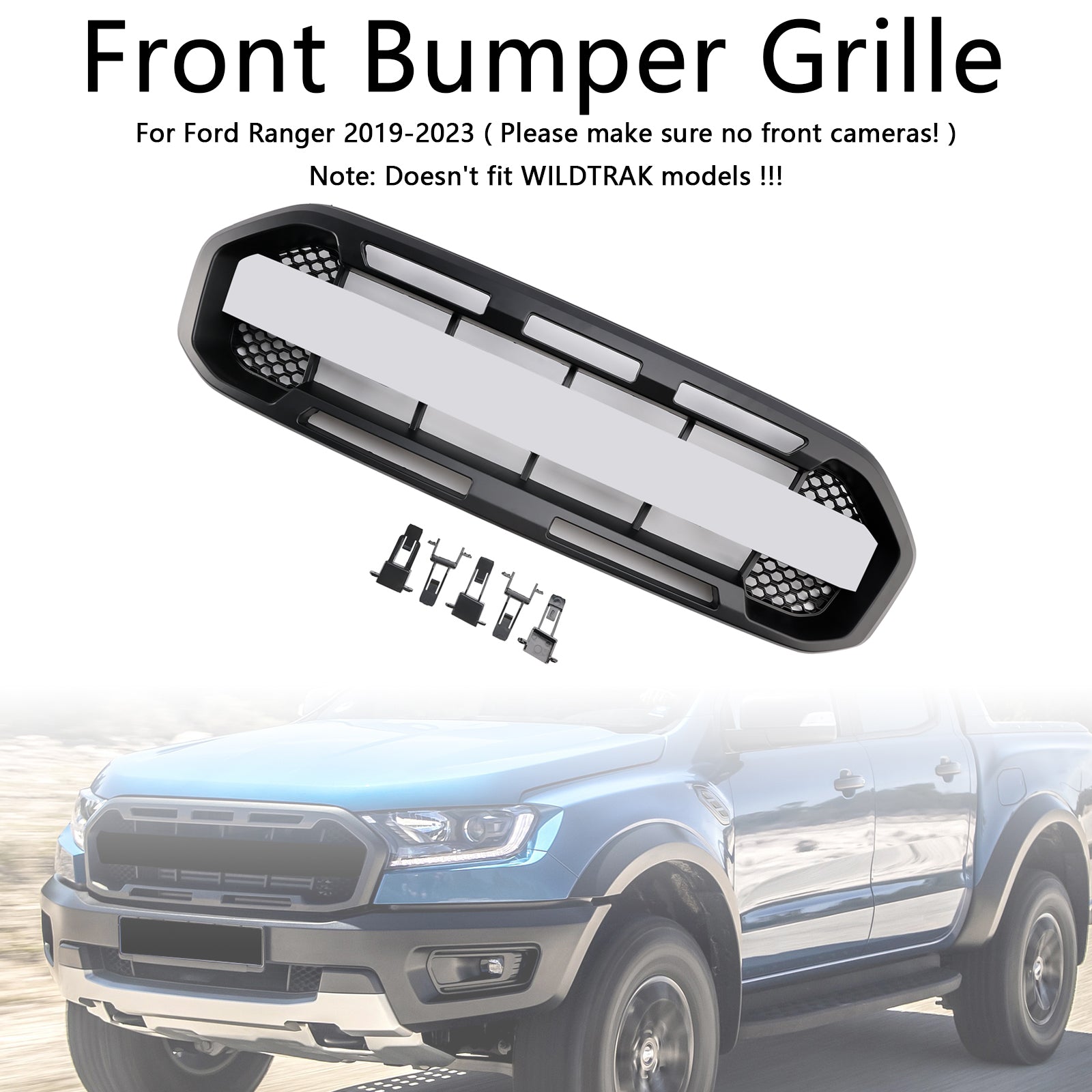2019-2023 Ford Ranger W/White led Raptor Style Front Bumper Grill Grille Black