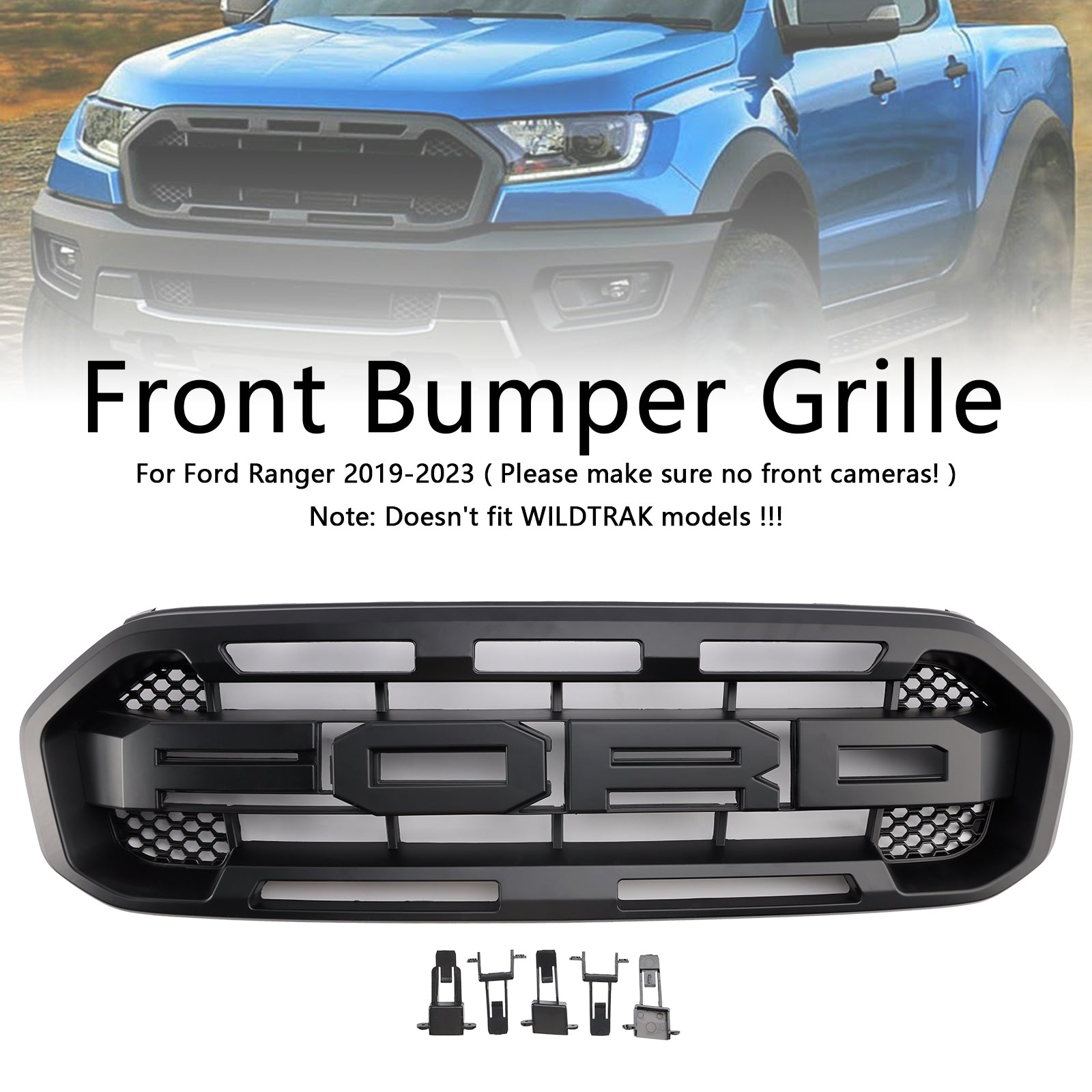 Raptor Style Front Challed Grille Grill Fit Ford Ranger 2019-2023 Black