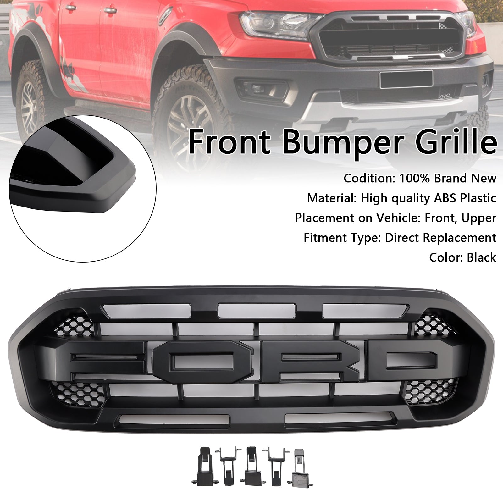 Raptor Style Front Challed Grille Grill Fit Ford Ranger 2019-2023 Black