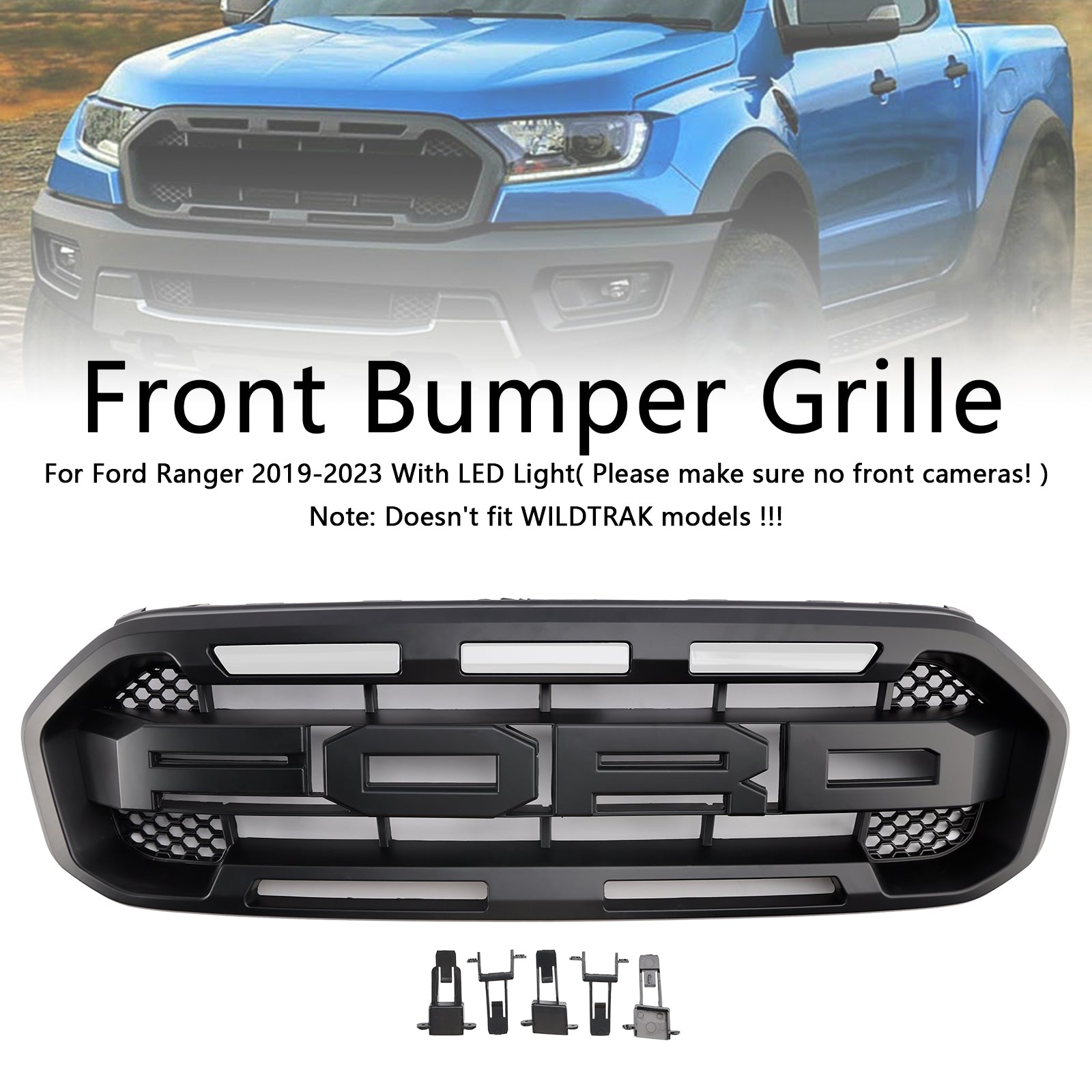 2019-2023 Ford Ranger met witte led Raptor-stijl voorbumpergrille, zwart