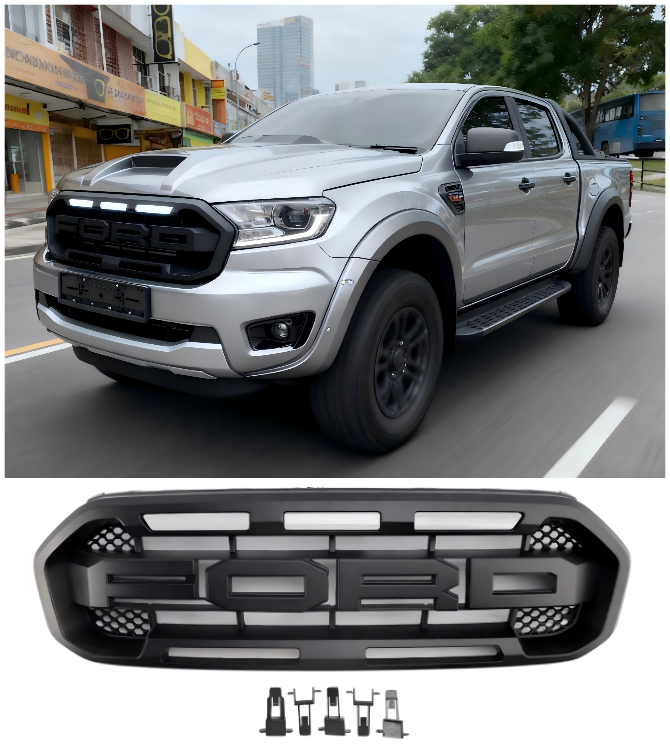 2019-2023 Ford Ranger met witte led Raptor-stijl voorbumpergrille, zwart
