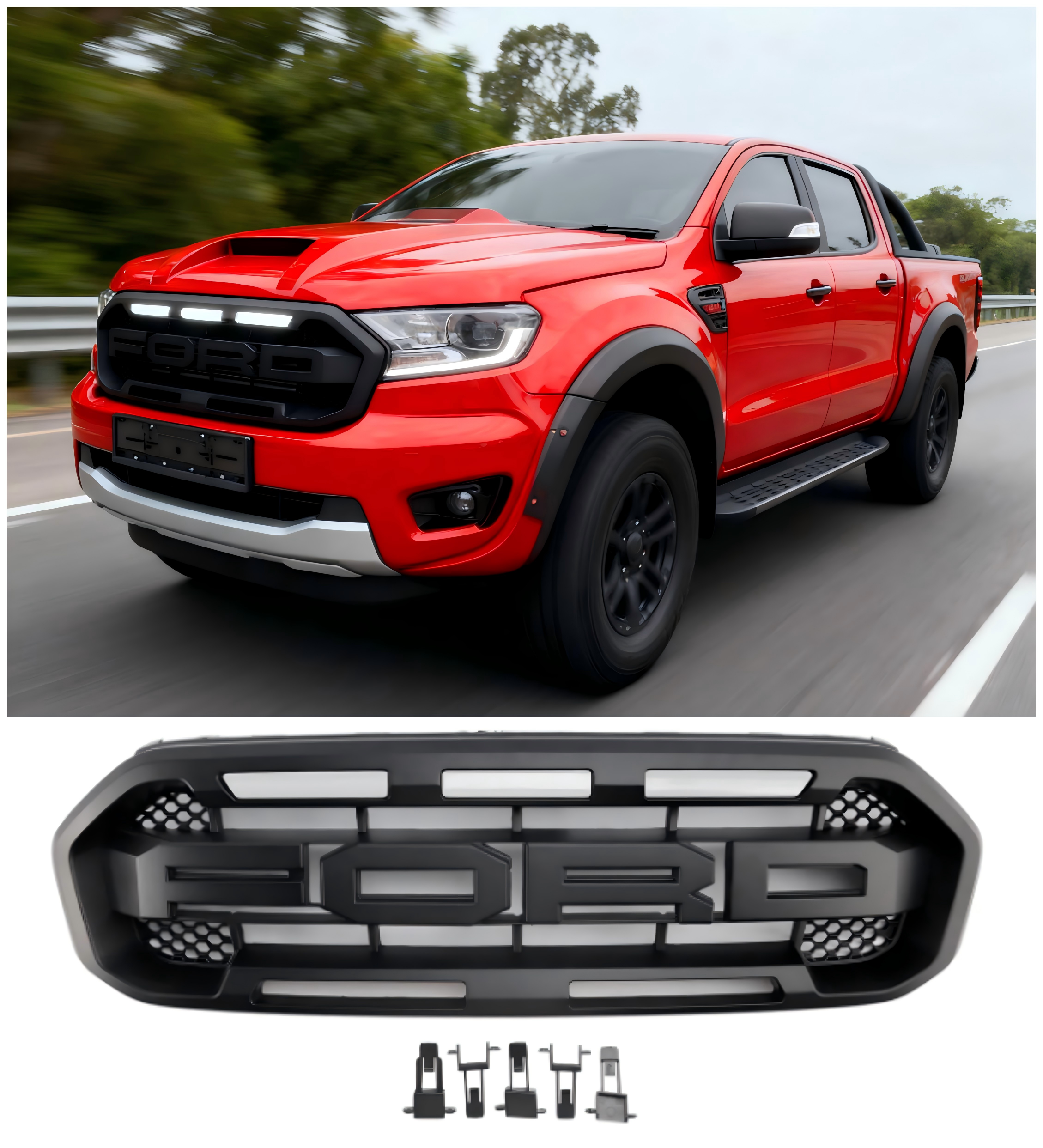 2019-2023 Ford Ranger met witte led Raptor-stijl voorbumpergrille, zwart
