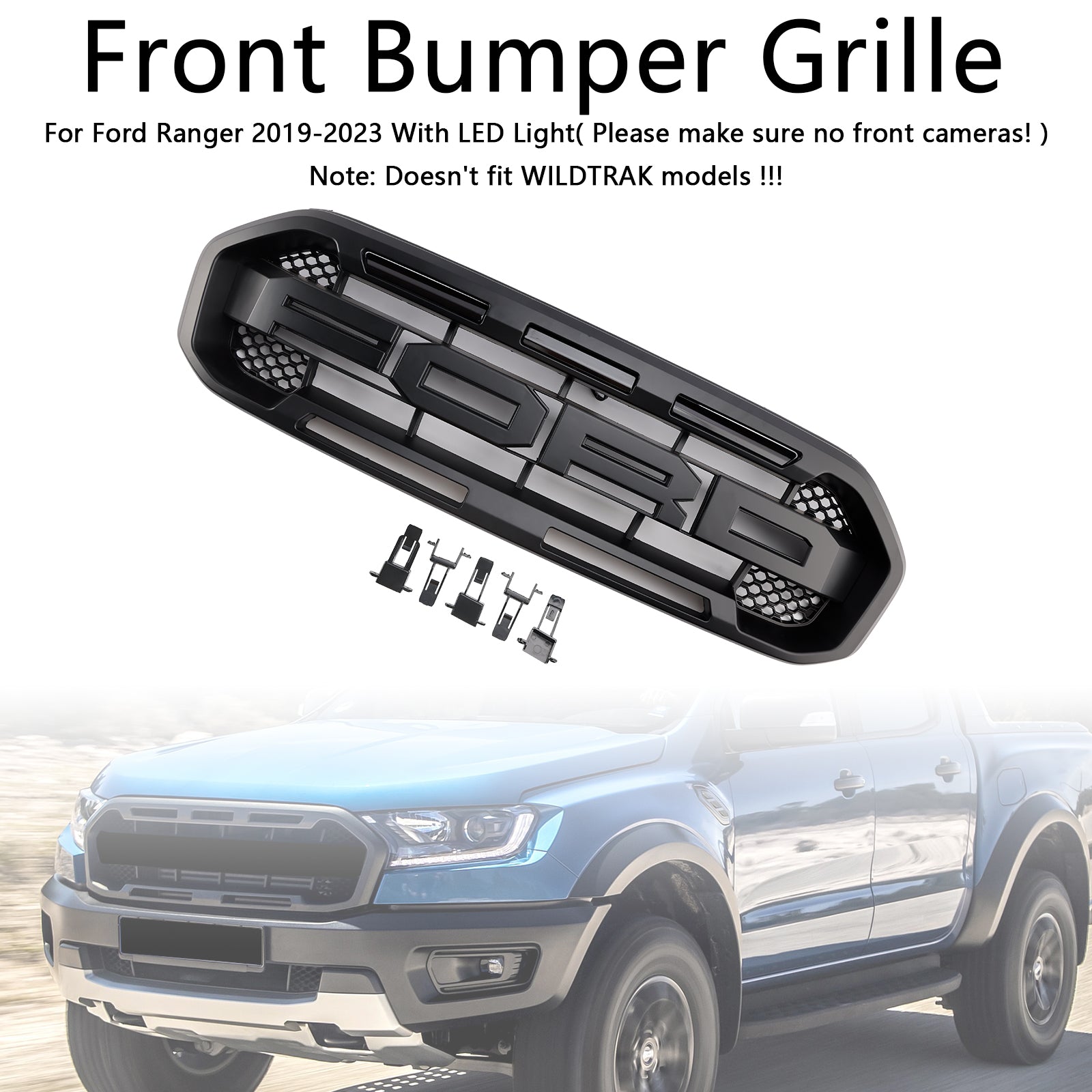 Black Raptor Style Front Bumper Grill Grille Fit Ford Ranger 2019-2023