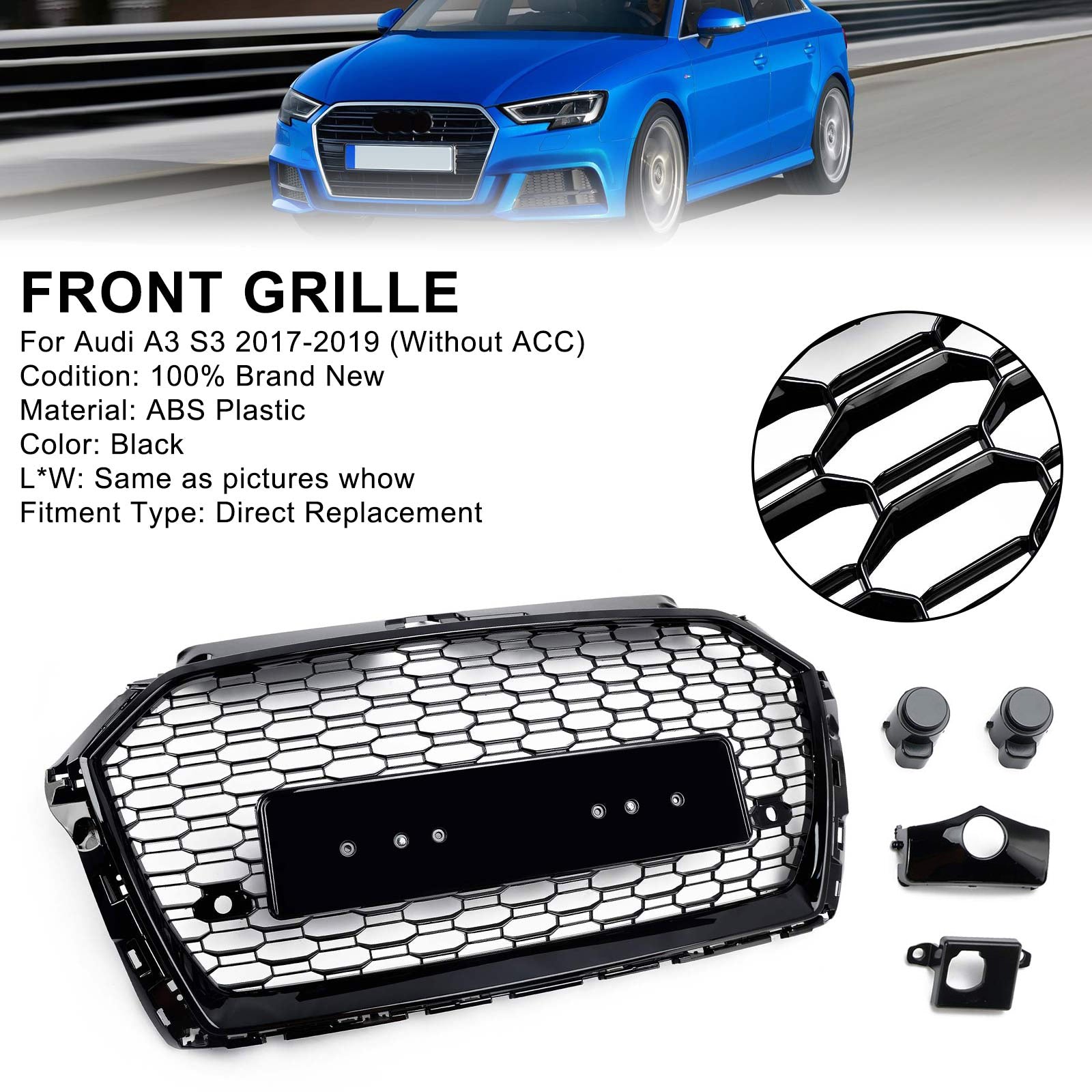 2017 2018 2019 Audi A3 8V RS3 Honeycomb Mesh Mesh Front Bumper Grille Black