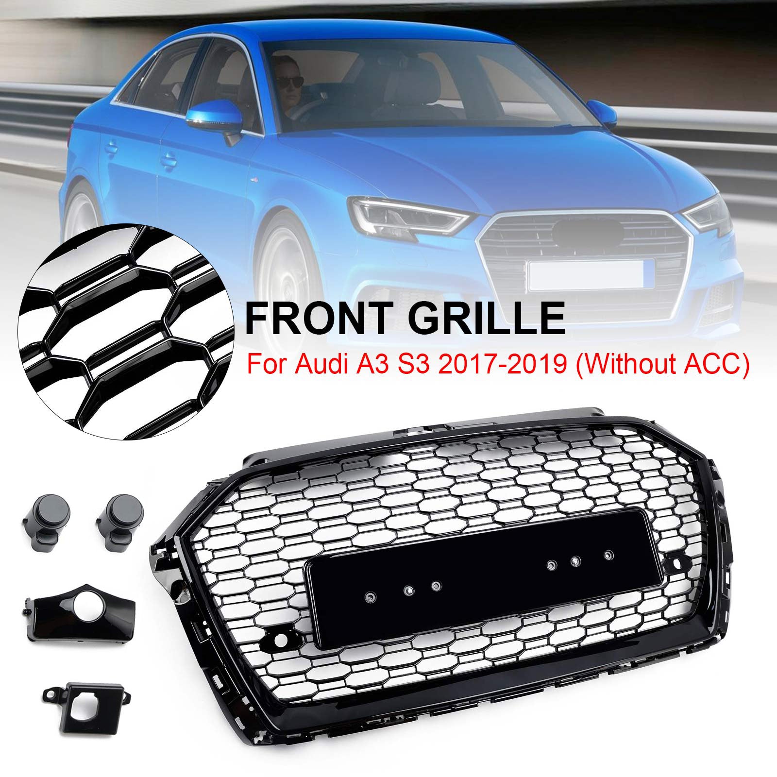 Rejilla de parachoques delantero de malla de panal estilo Audi A3 8V RS3 2017-2019, color negro