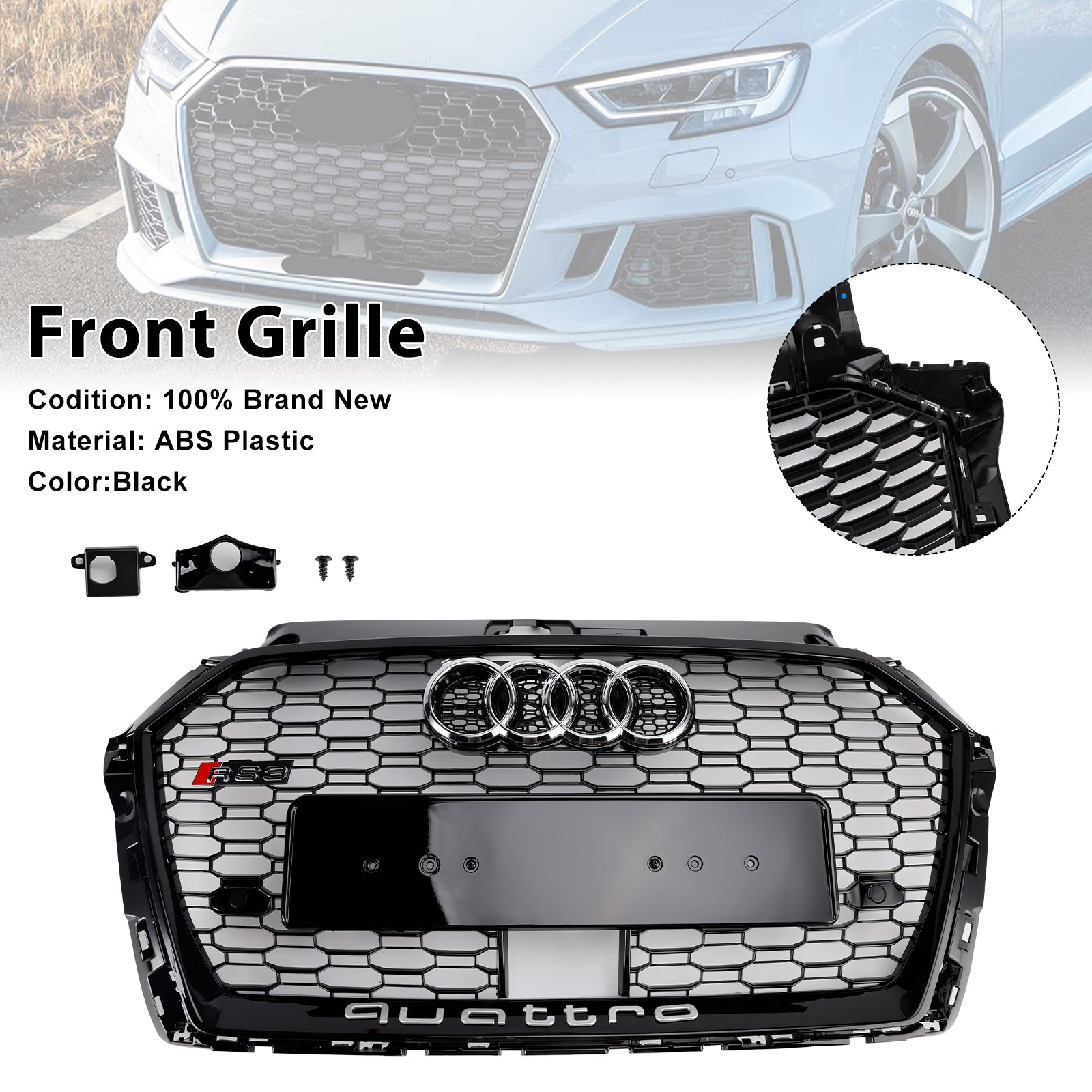 2017-2019 Audi A3 S3 W/ACC RS3 Grade da grade frontal do Honeycomb estilo RS3 Black